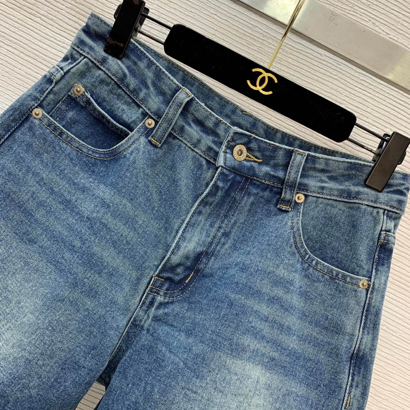 Loewe High-Waisted Mid-Wash Blue Denim Shorts - Image 2