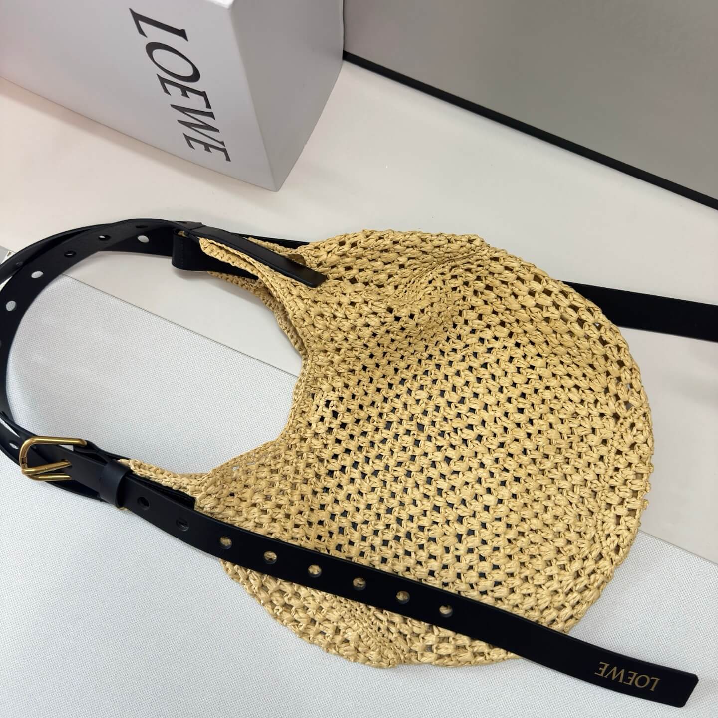 Loewe Punch Hole Hobo Bag in Handwoven Raffia with Black Calfskin Trim - Image 2