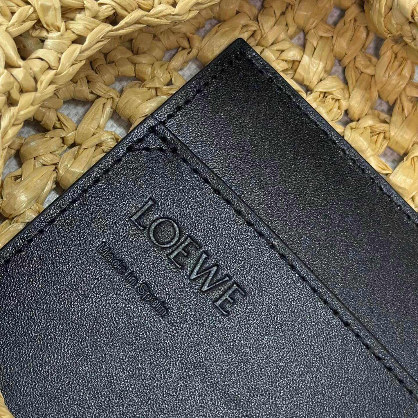Loewe Punch Hole Hobo Bag in Handwoven Raffia with Black Calfskin Trim - Image 7