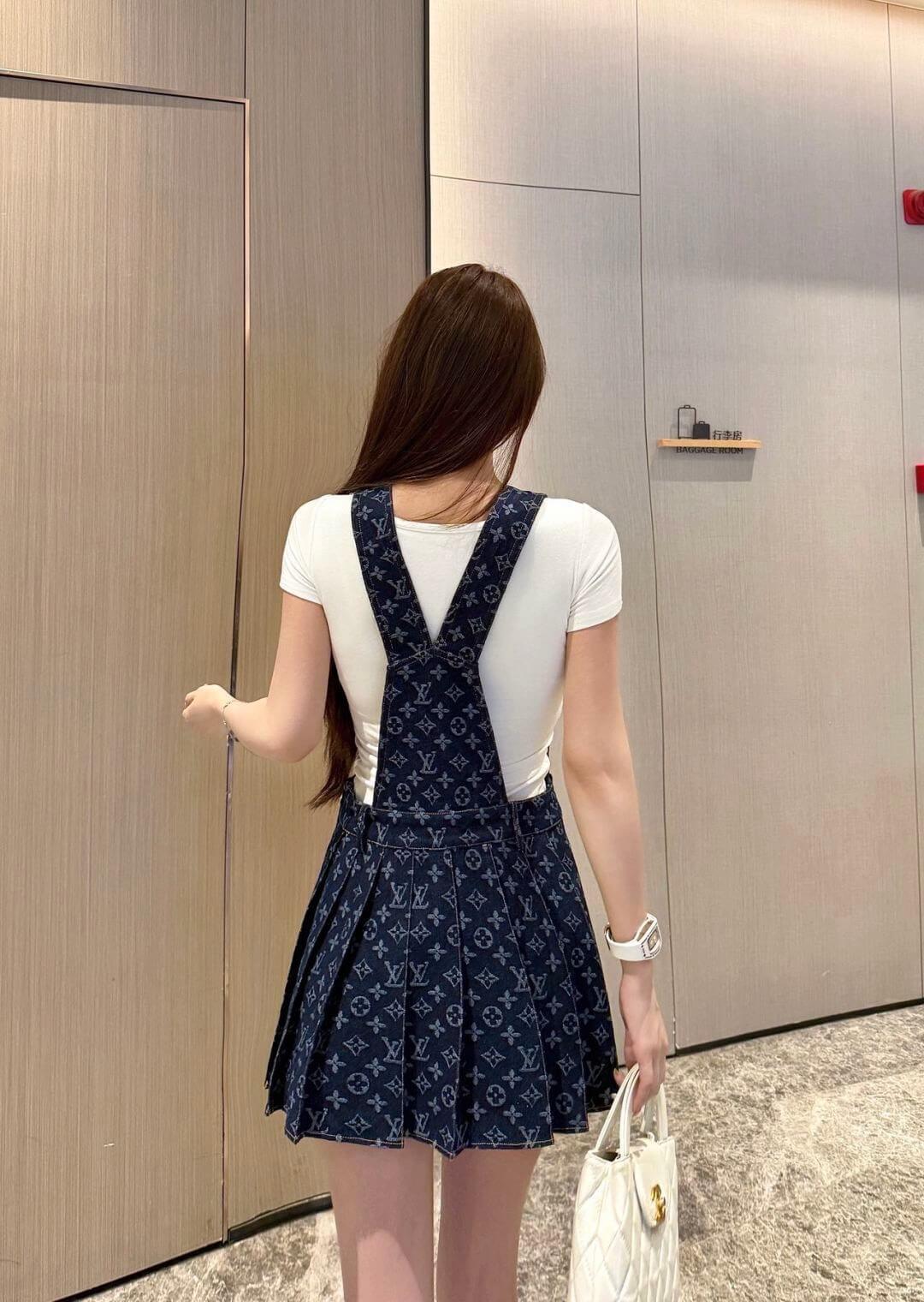 Louis Vuitton Monogram Denim Pleated Pinafore Overall Dress - Image 3
