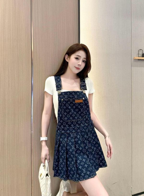 Louis Vuitton Monogram Denim Pleated Pinafore Overall Dress