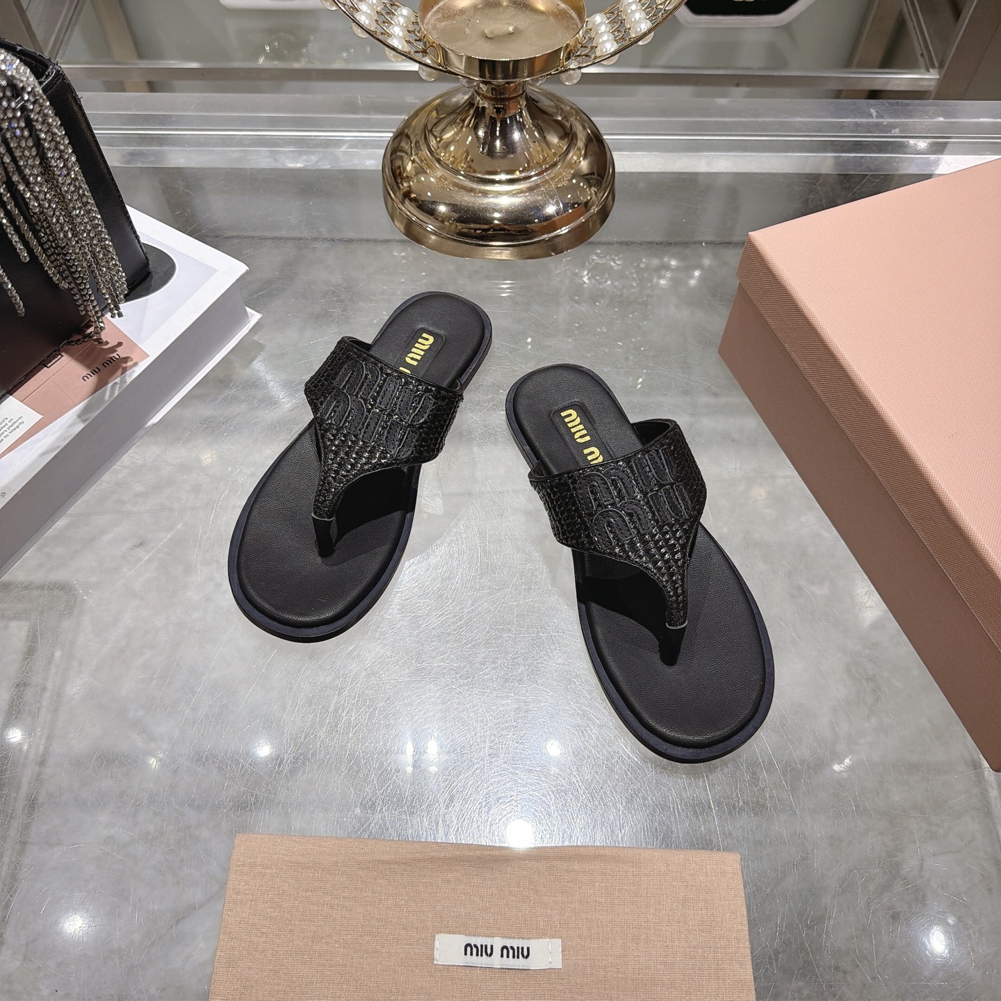Miu Miu Black Embossed Leather Thong Sandals