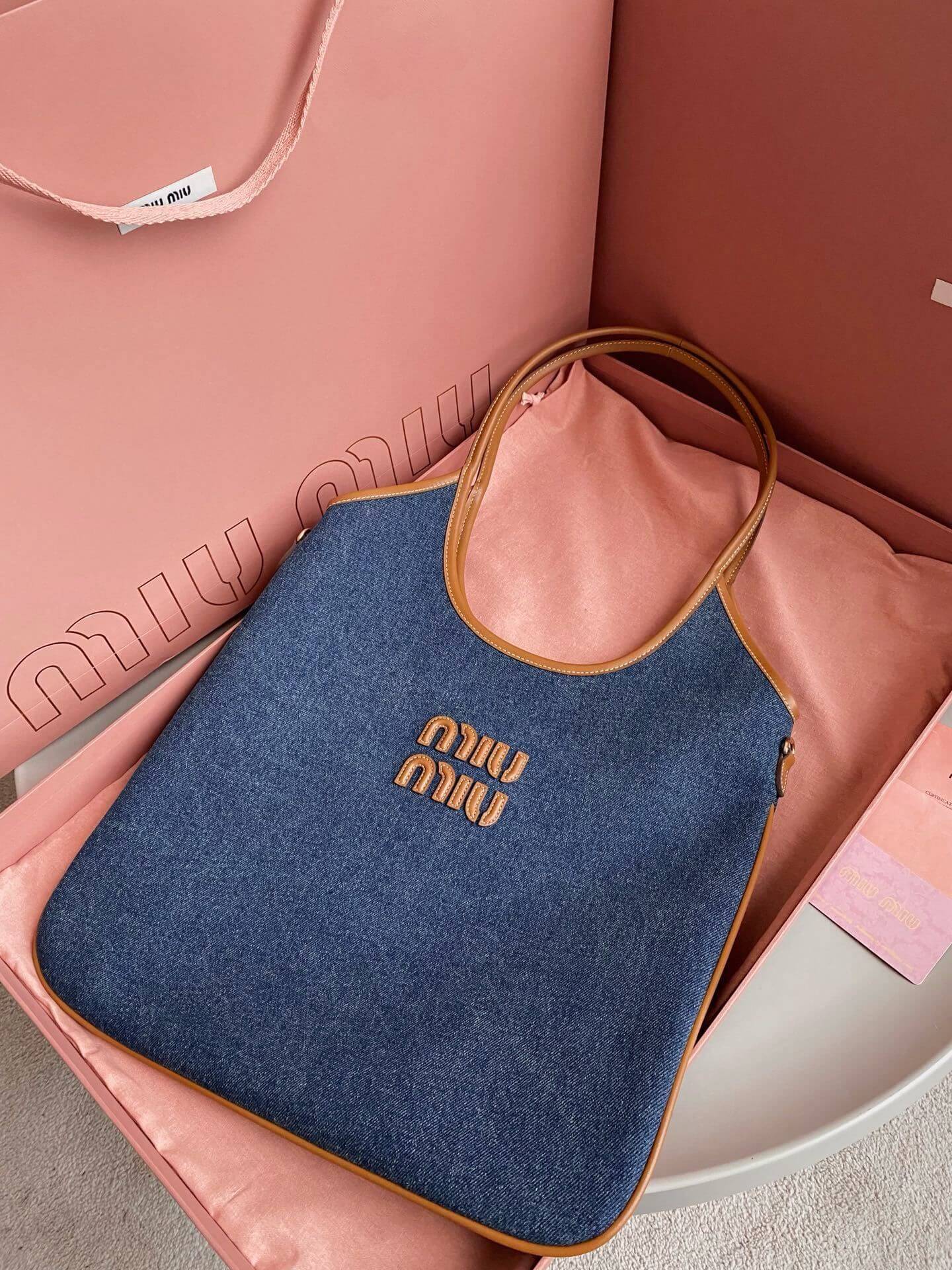 Miu Miu Ivy Denim Tote Bag with Brown Leather Handles and Logo Embroidery