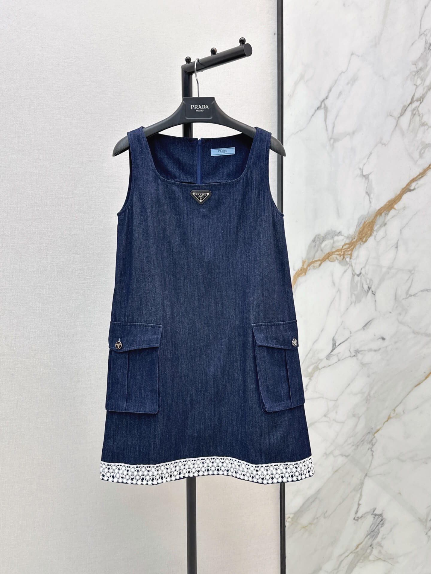Prada Sleeveless Lace-Trim Denim Mini Dress with Cargo Pockets – Navy - Image 2
