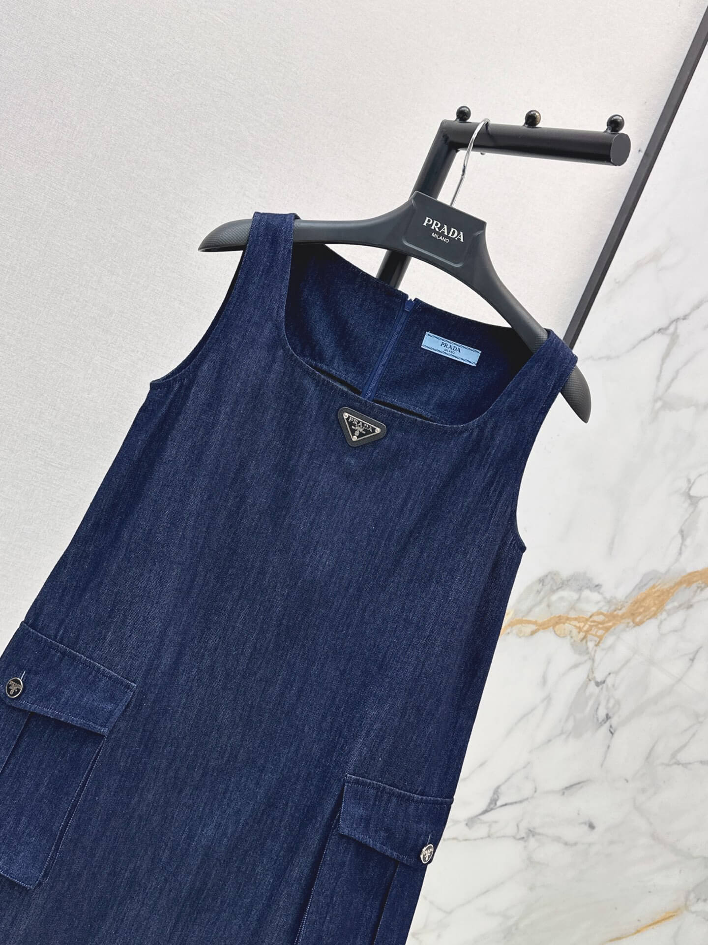 Prada Sleeveless Lace-Trim Denim Mini Dress with Cargo Pockets – Navy - Image 4
