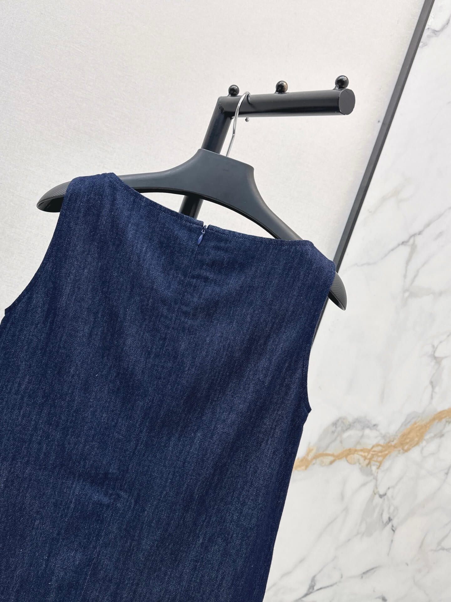 Prada Sleeveless Lace-Trim Denim Mini Dress with Cargo Pockets – Navy - Image 6