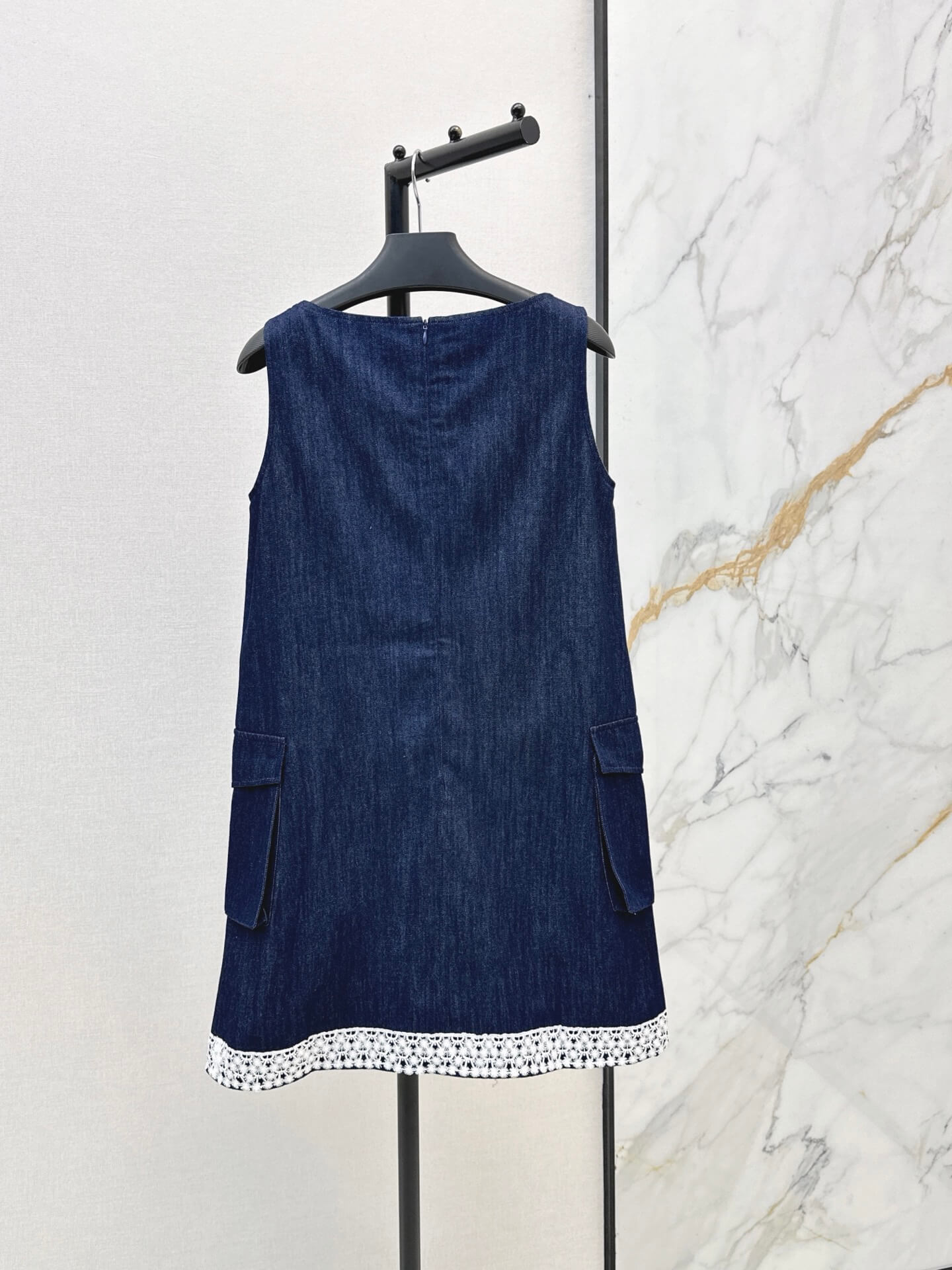 Prada Sleeveless Lace-Trim Denim Mini Dress with Cargo Pockets – Navy - Image 9