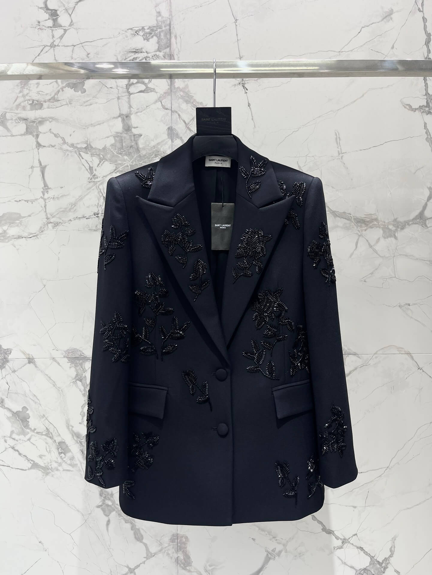 Saint Laurent Bead-Embellished Floral Motif Wool Blazer Jacket (Black)