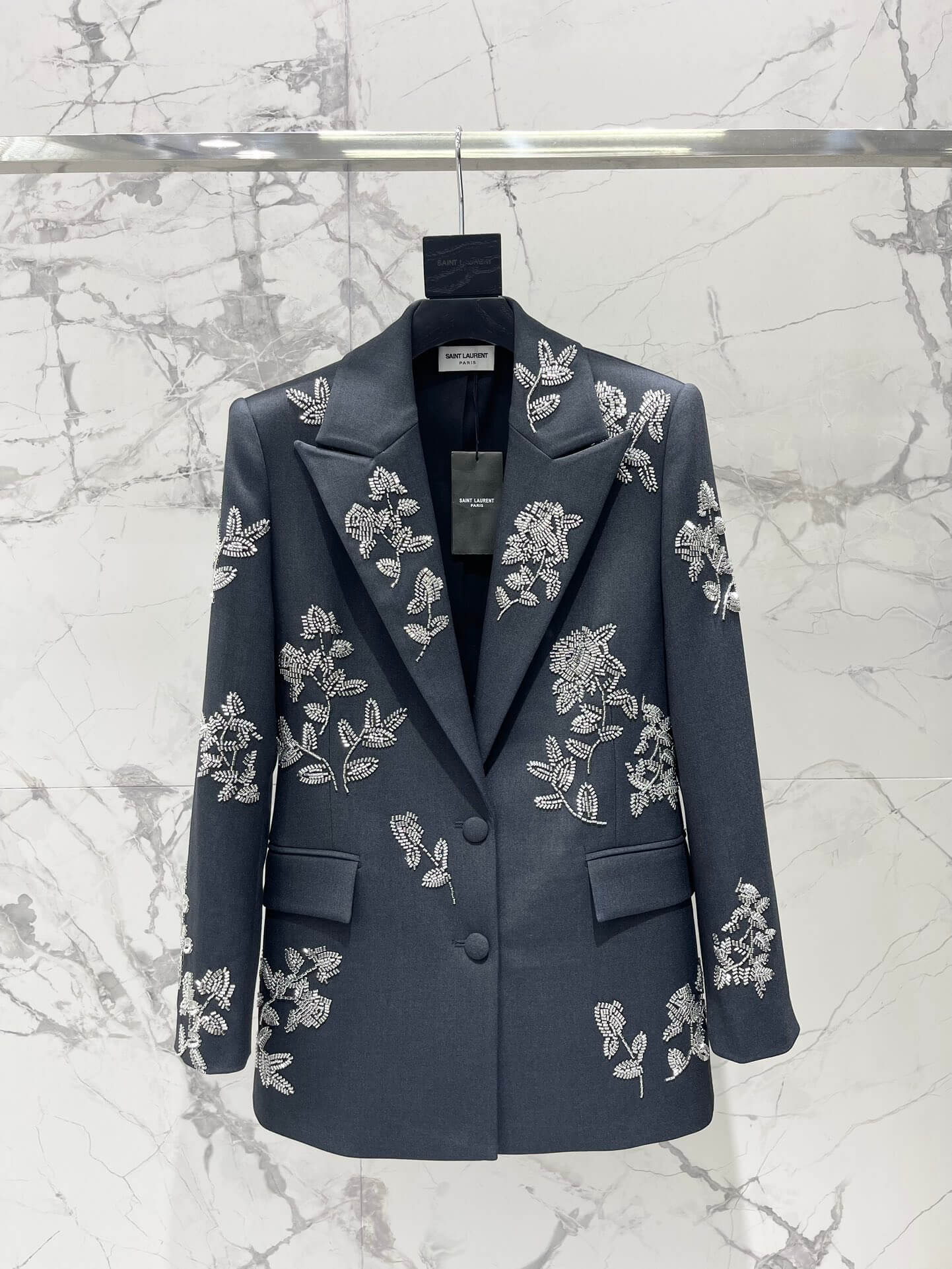 Saint Laurent Bead-Embellished Floral Motif Wool Blazer Jacket. - Image 3
