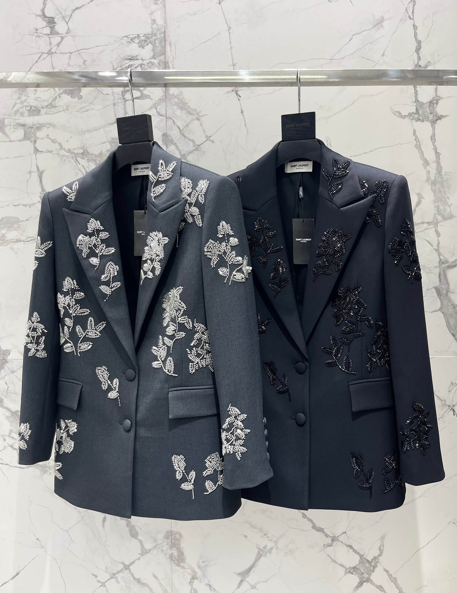 Saint Laurent Bead-Embellished Floral Motif Wool Blazer Jacket.