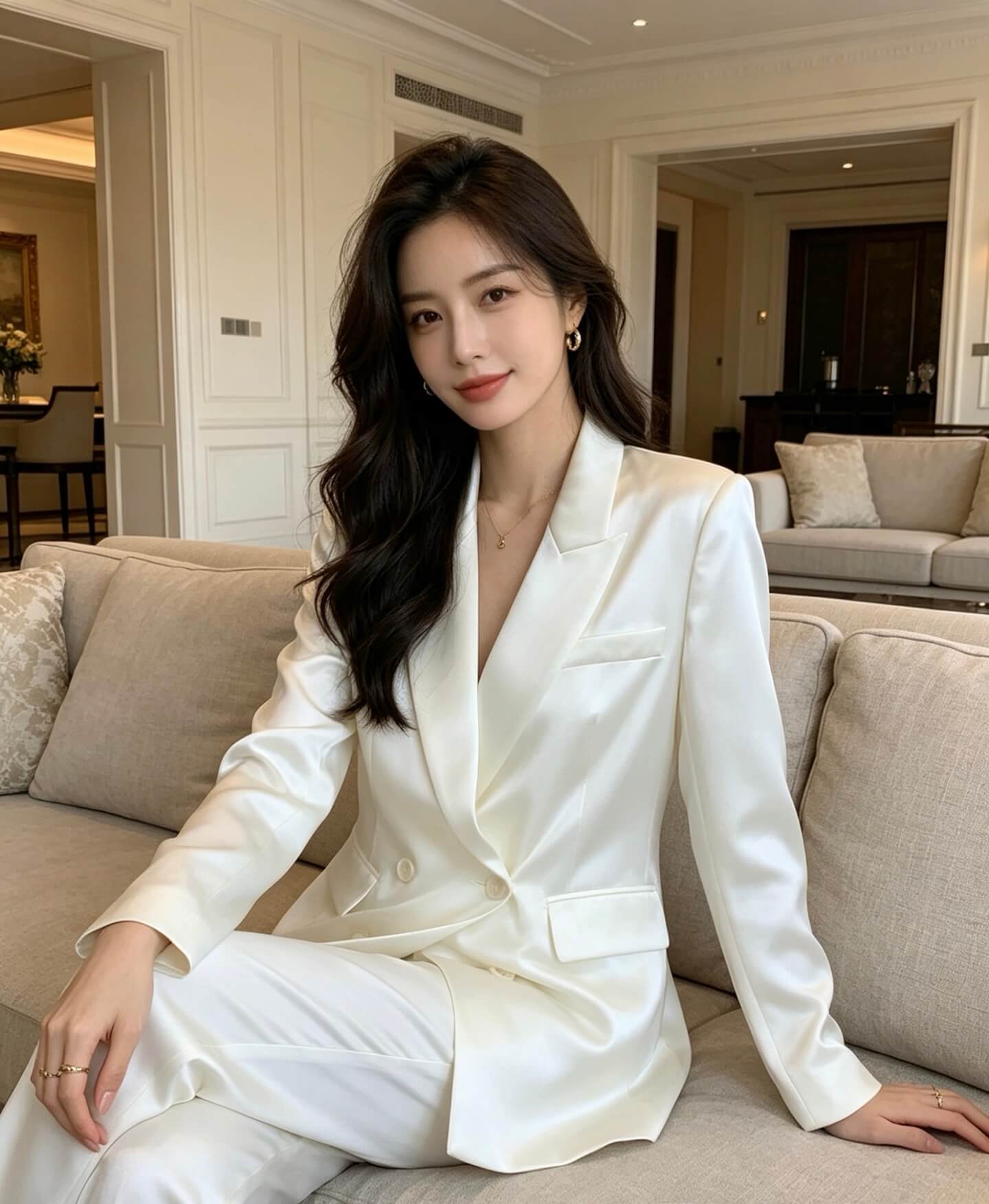Saint Laurent Double-Breasted Lace-Lined Silk Satin Blazer Jacket (Pearl White)