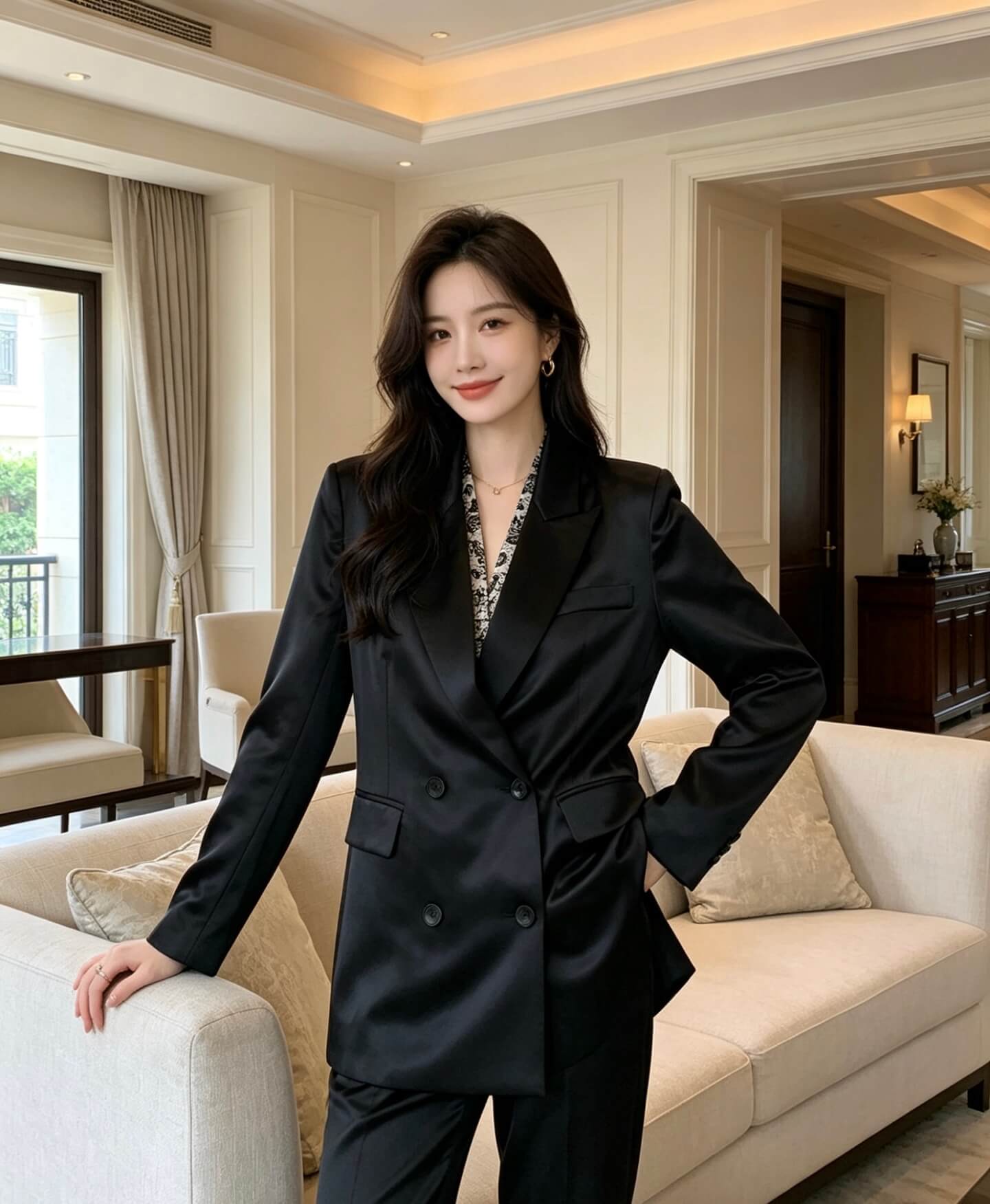 Saint Laurent Double-Breasted Lace-Lined Silk Satin Blazer Jacket (Pearl White) - Image 3