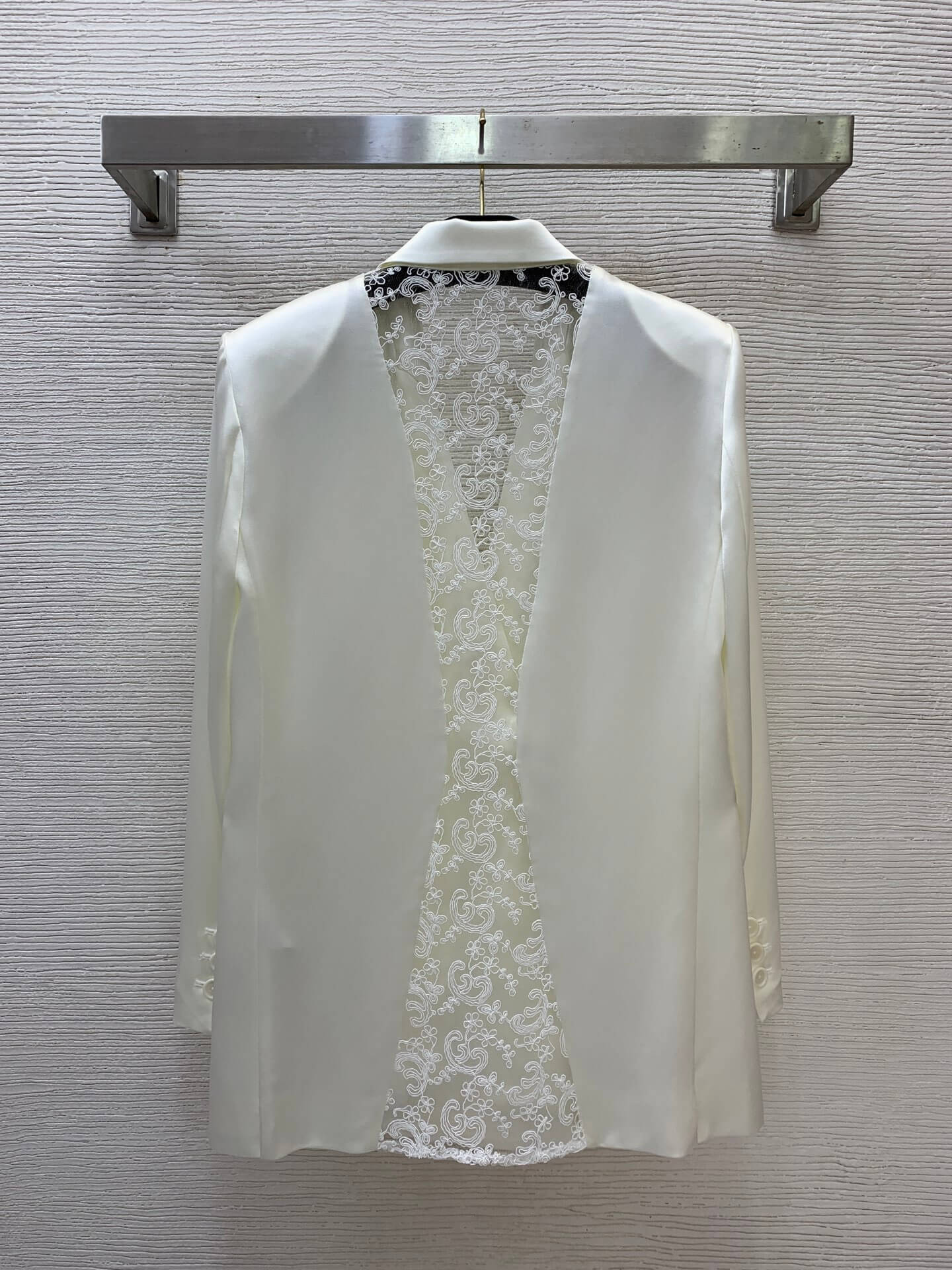 Saint Laurent Double-Breasted Lace-Lined Silk Satin Blazer Jacket (Pearl White) - Image 4