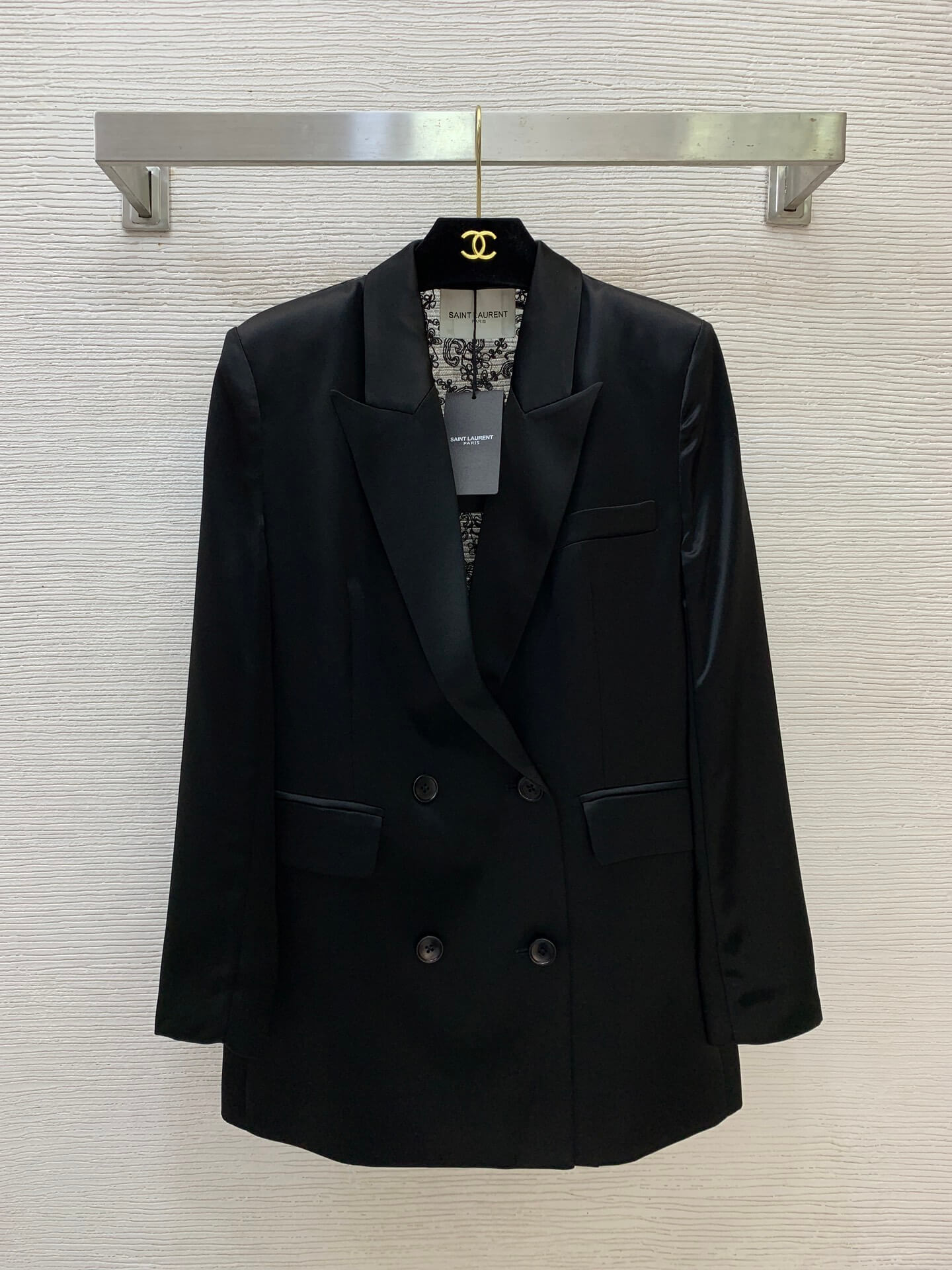 Saint Laurent Double-Breasted Lace-Lined Silk Satin Blazer Jacket (Pearl White) - Image 5