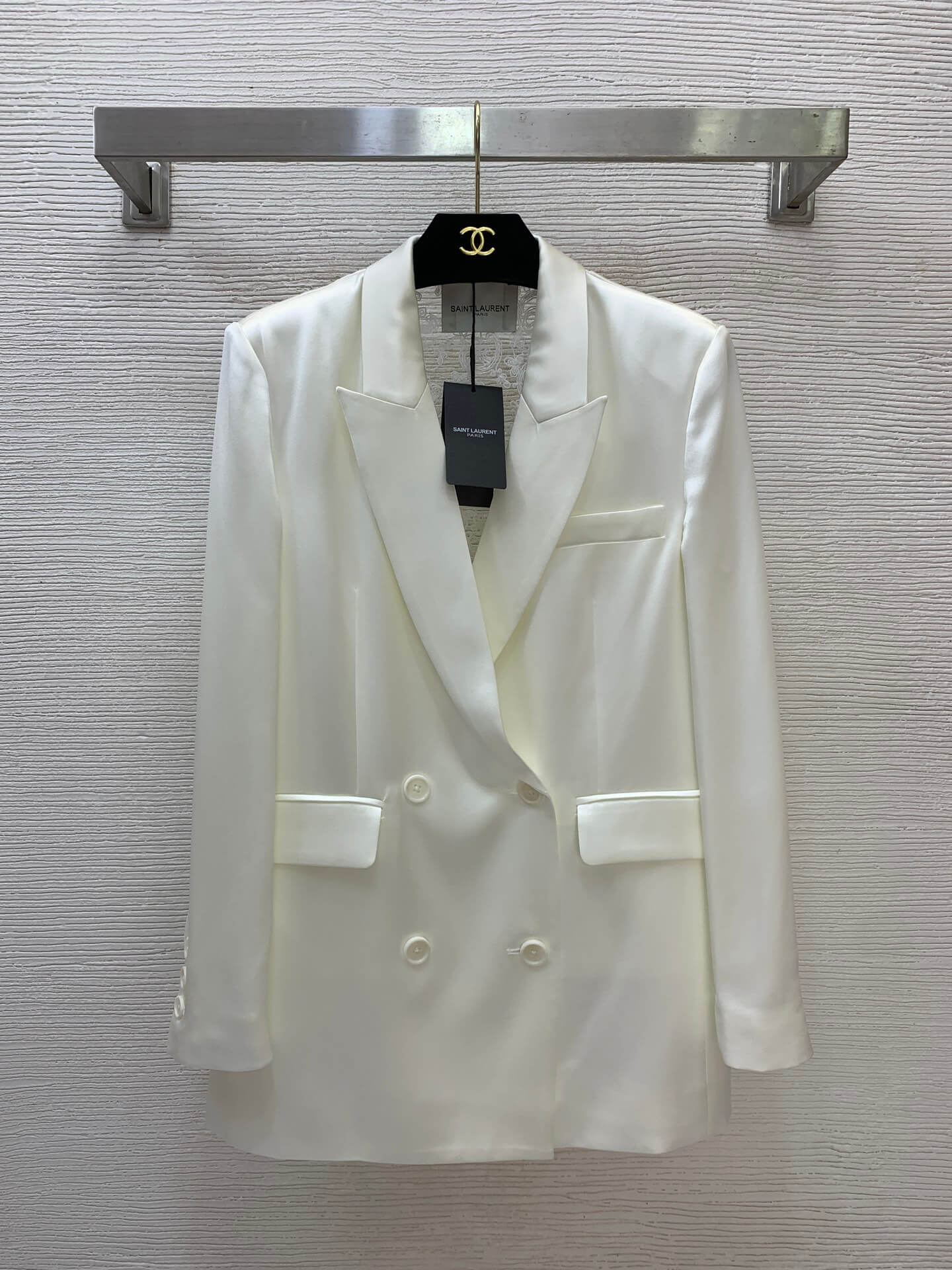 Saint Laurent Double-Breasted Lace-Lined Silk Satin Blazer Jacket (Pearl White) - Image 6