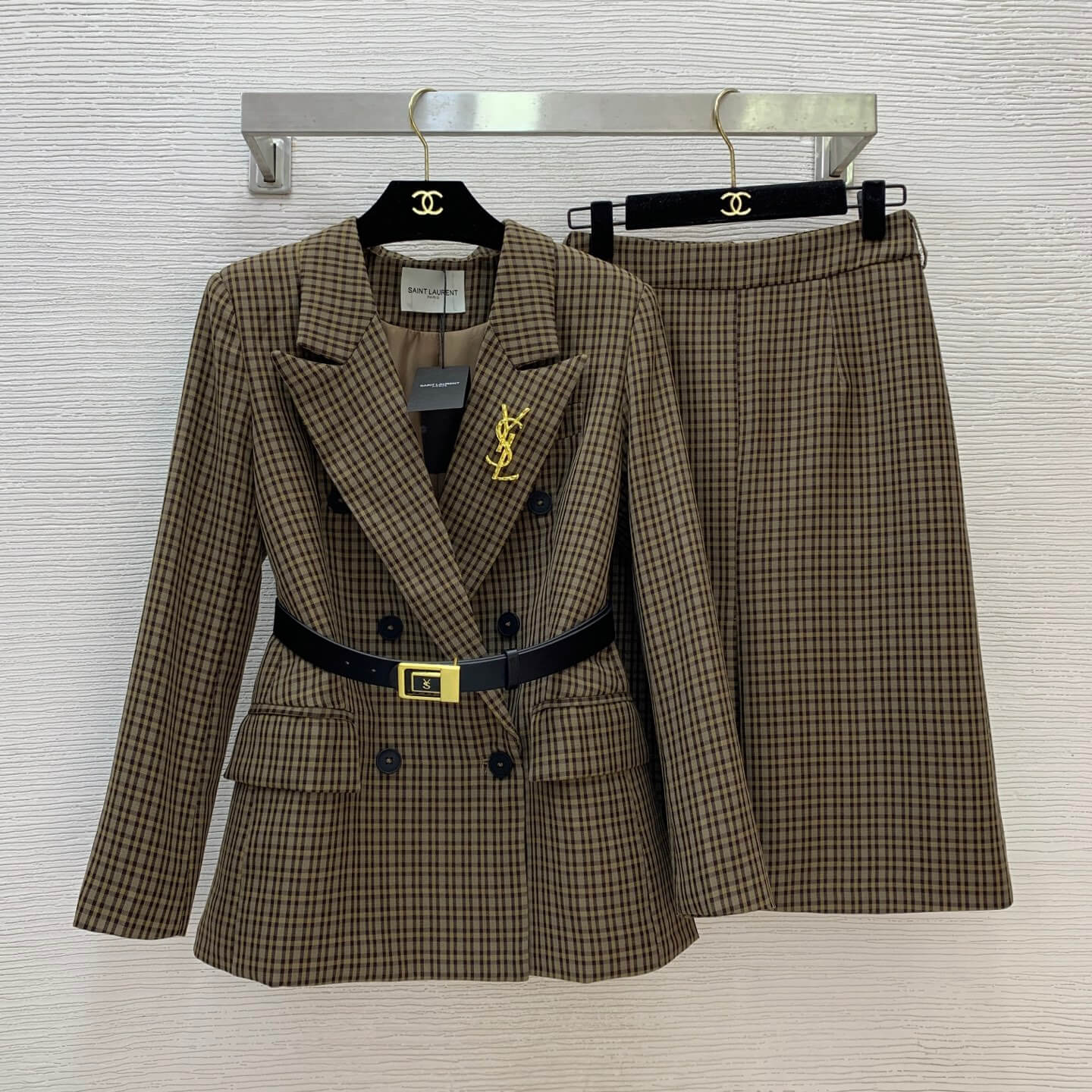 Saint Laurent Plaid Double-Breasted Blazer and Skirt Two-Piece Suit Set with Belt