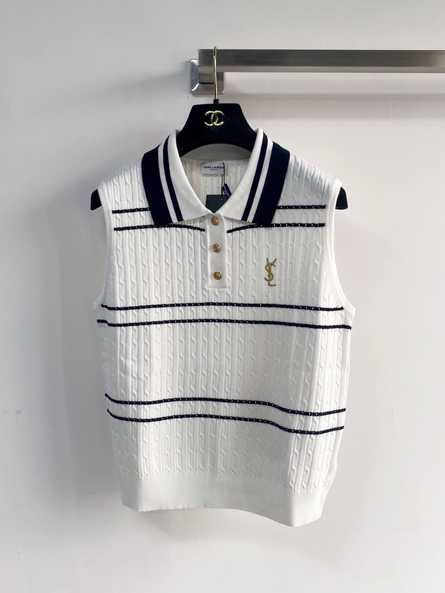 Saint Laurent Striped Cable-Knit Polo Sweater Vest