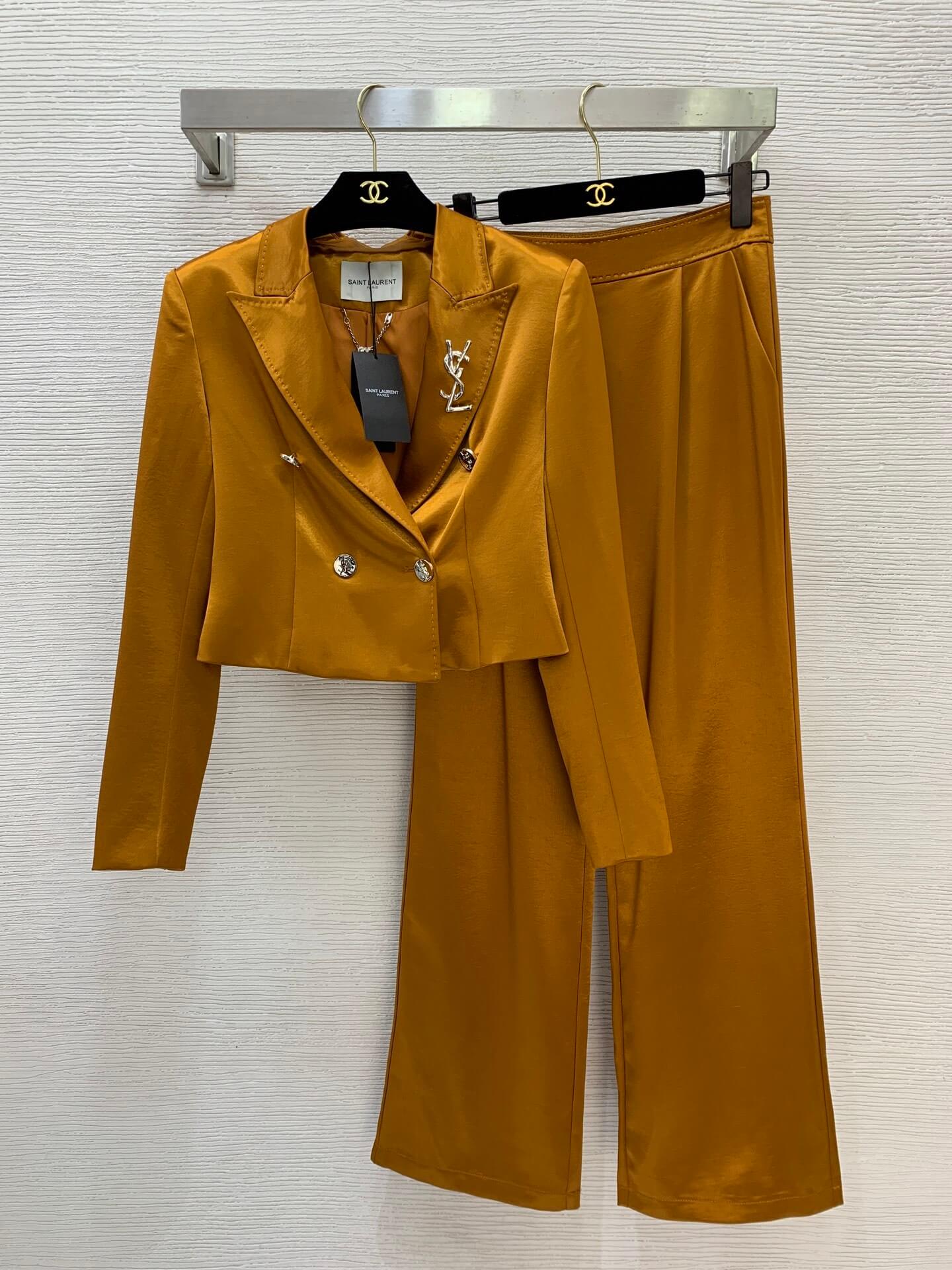 Saint Laurent Mustard-Yellow Satin Blazer and Wide-Leg Trousers Set