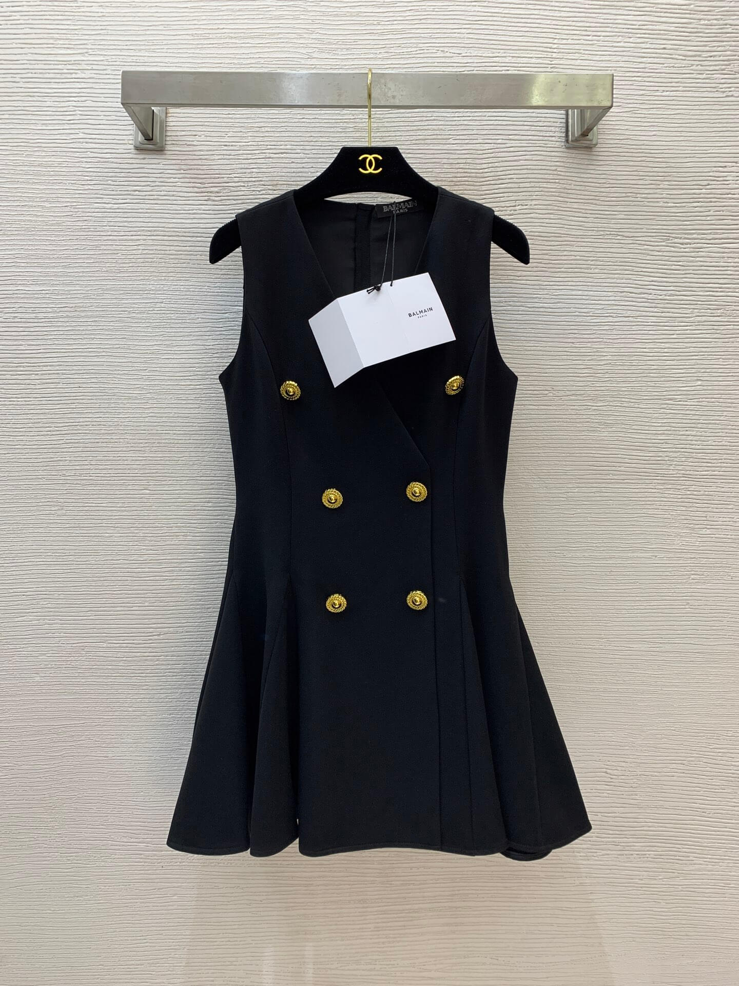 Balmain Sleeveless Double-Breasted V-Neck Mini Blazer Dress with Gold Buttons - Image 4