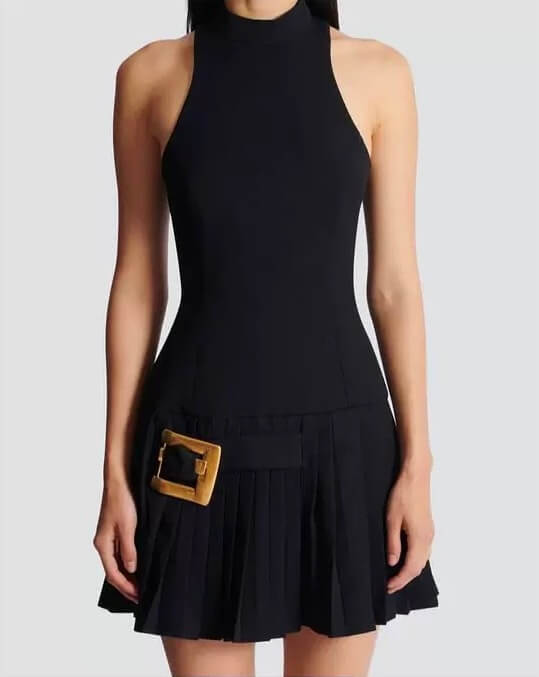 Balmain Belted Pleated Halter Mini Dress with Gold Buckle