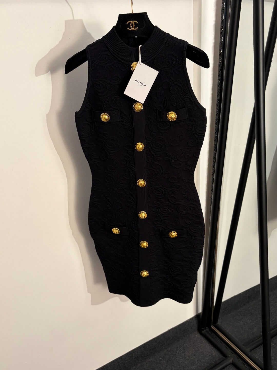 Balmain Baroque Bouclette Sleeveless Mini Dress with Gold Buttons