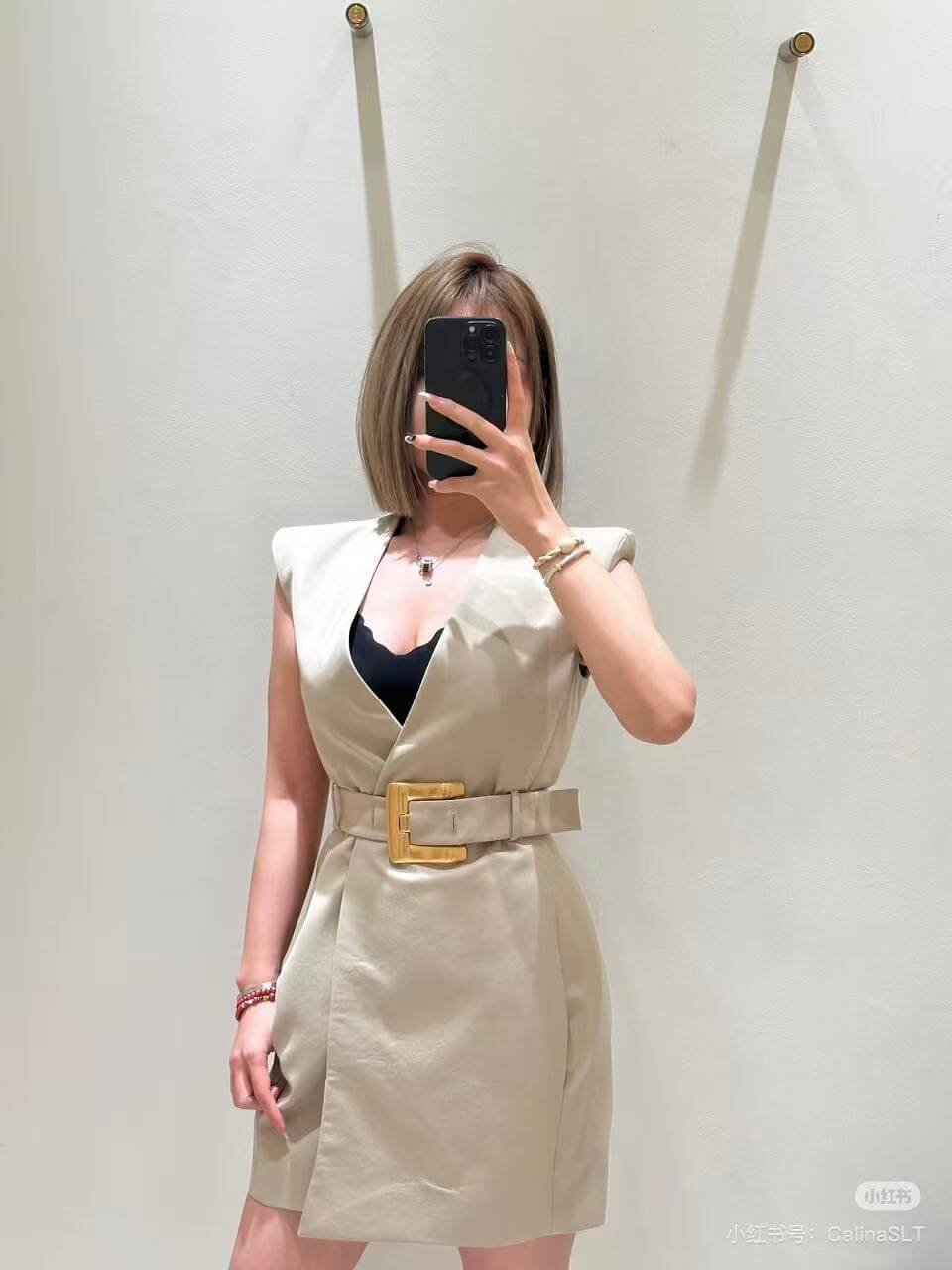 Balmain Sleeveless V-Neck Belted Blazer Dress with Gold Buckle