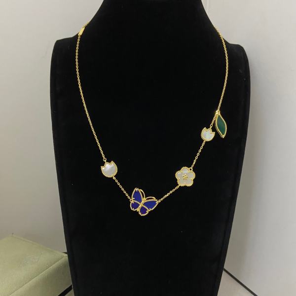 Van Cleef & Arpels Lucky Alhambra 5-Motif Necklace in Yellow Gold with Lapis Lazuli, Malachite, and White Mother-of-Pearl
