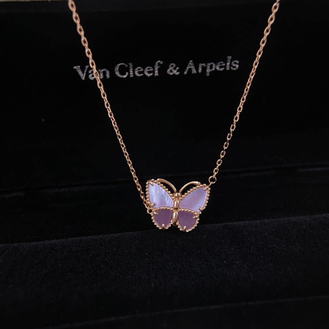Van Cleef & Arpels Sweet Alhambra Butterfly Pendant Necklace in Purple Chalcedony and Pink Mother-of-Pearl