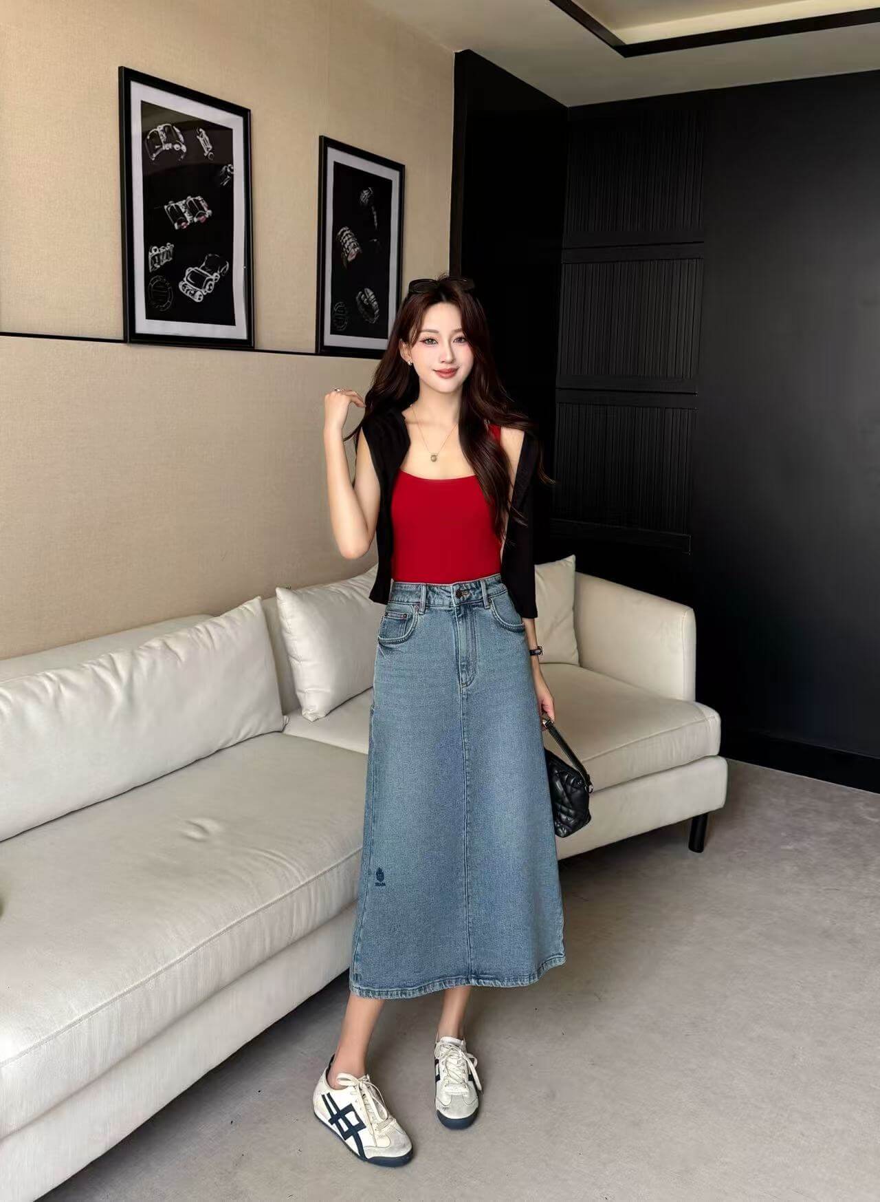 Prada Women's High-Waisted Retro Wash Denim Midi Skirt with Small Logo Embroidery - Image 2