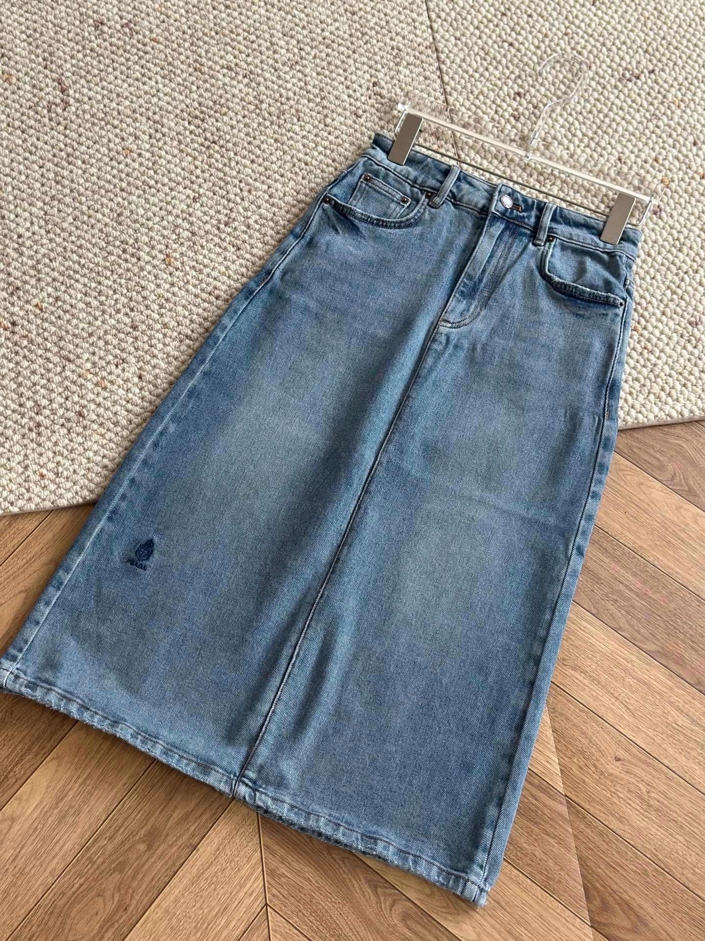 Prada Women's High-Waisted Retro Wash Denim Midi Skirt with Small Logo Embroidery