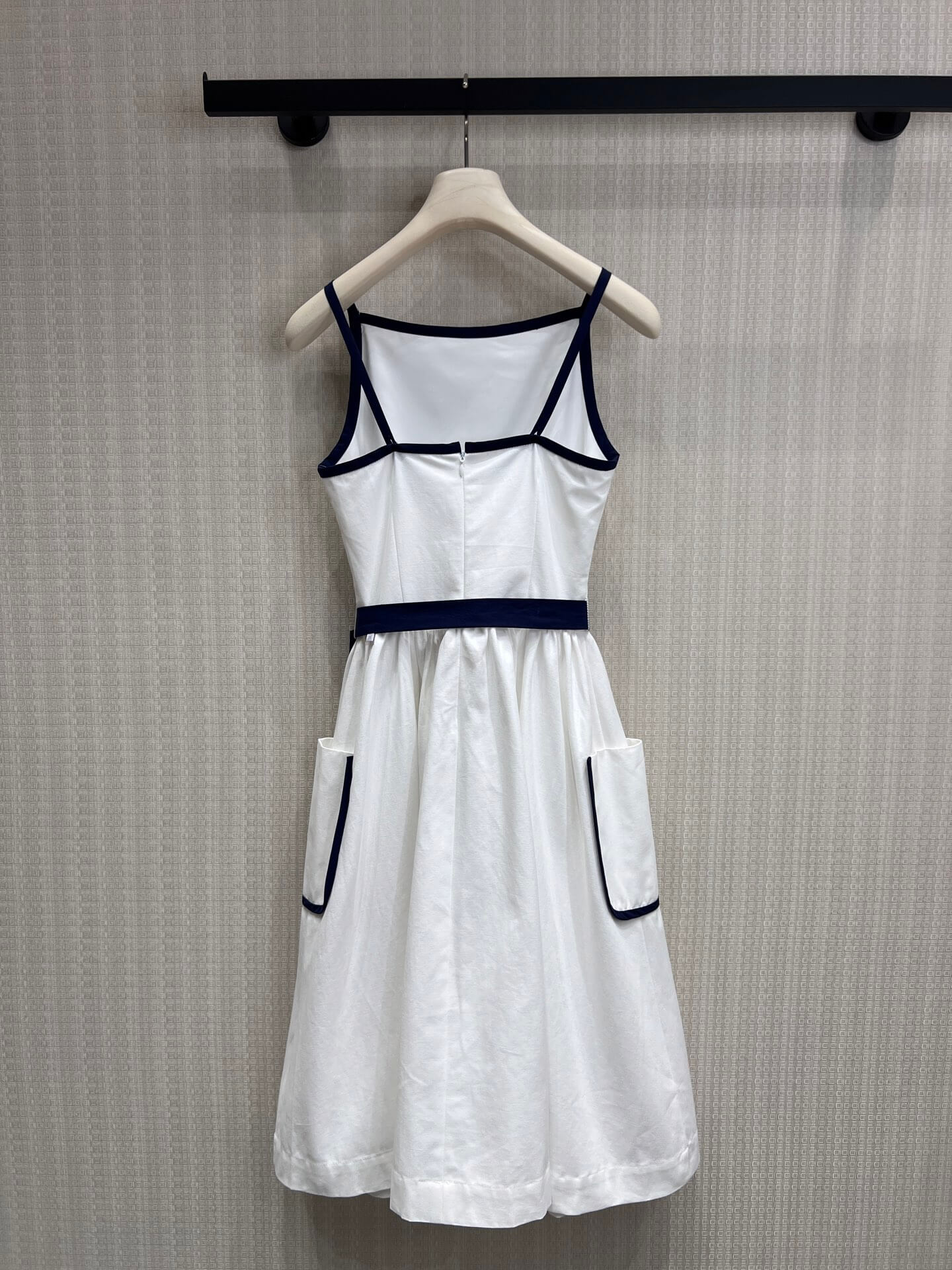 Prada Women's White Cotton A-Line Midi Dress with Navy Blue Trim, Spaghetti Straps, Tie Waist, and Pockets - Image 2