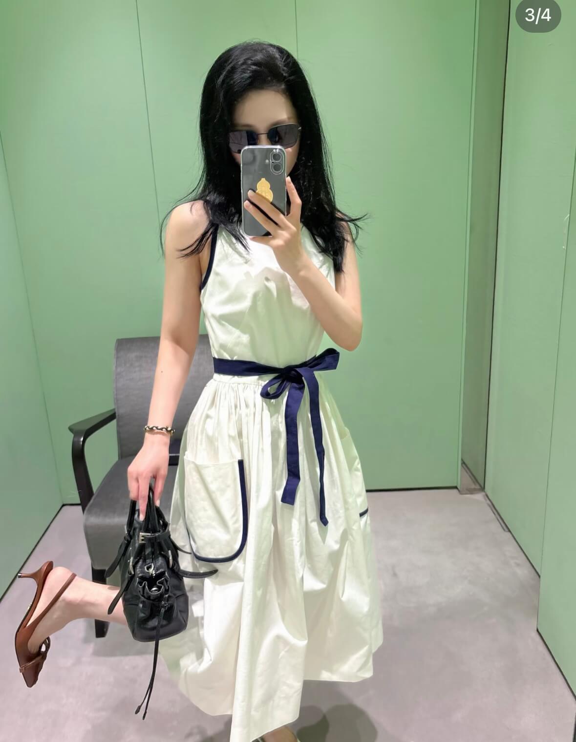 Prada Women's White Cotton A-Line Midi Dress with Navy Blue Trim, Spaghetti Straps, Tie Waist, and Pockets - Image 5
