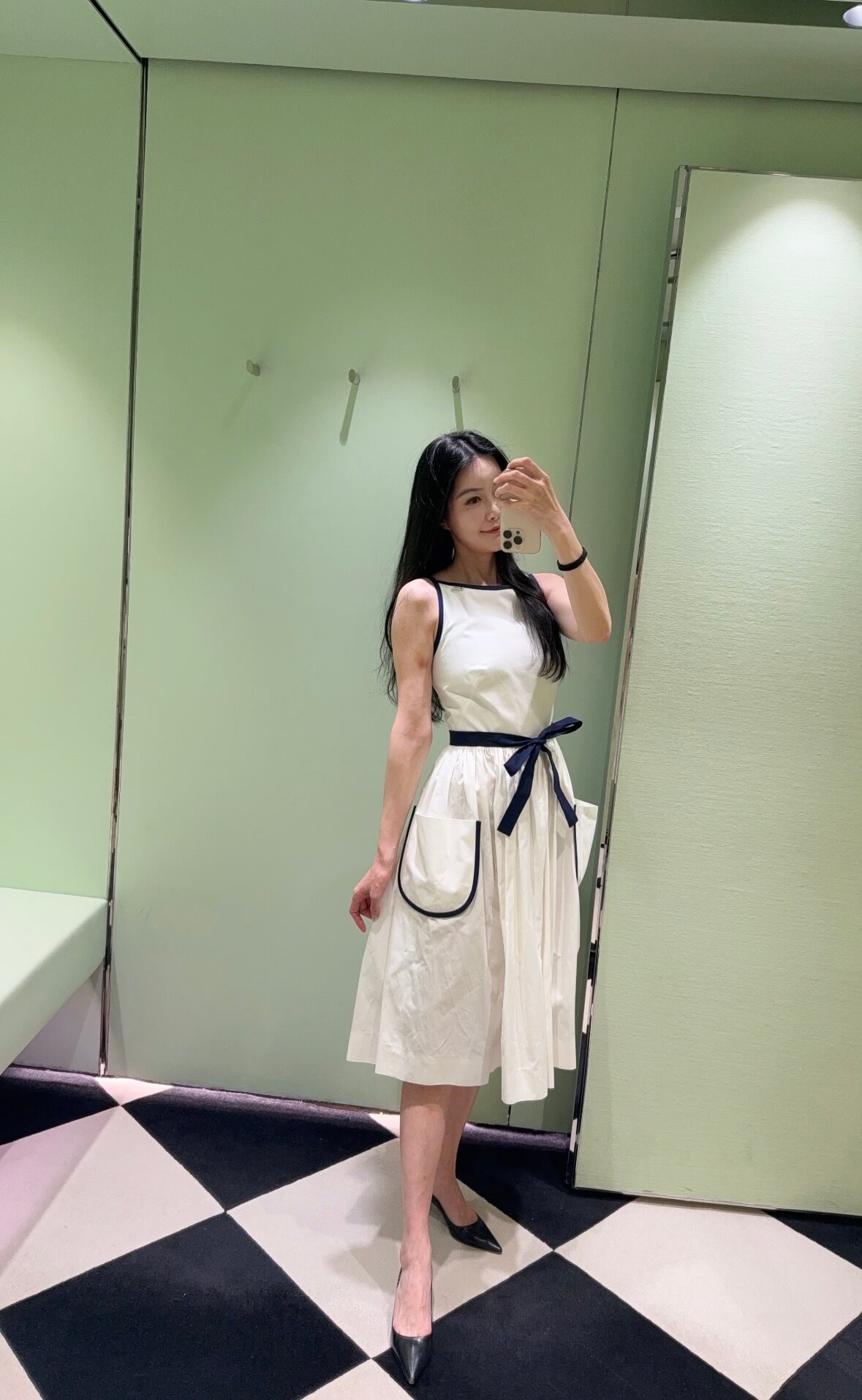 Prada Women's White Cotton A-Line Midi Dress with Navy Blue Trim, Spaghetti Straps, Tie Waist, and Pockets