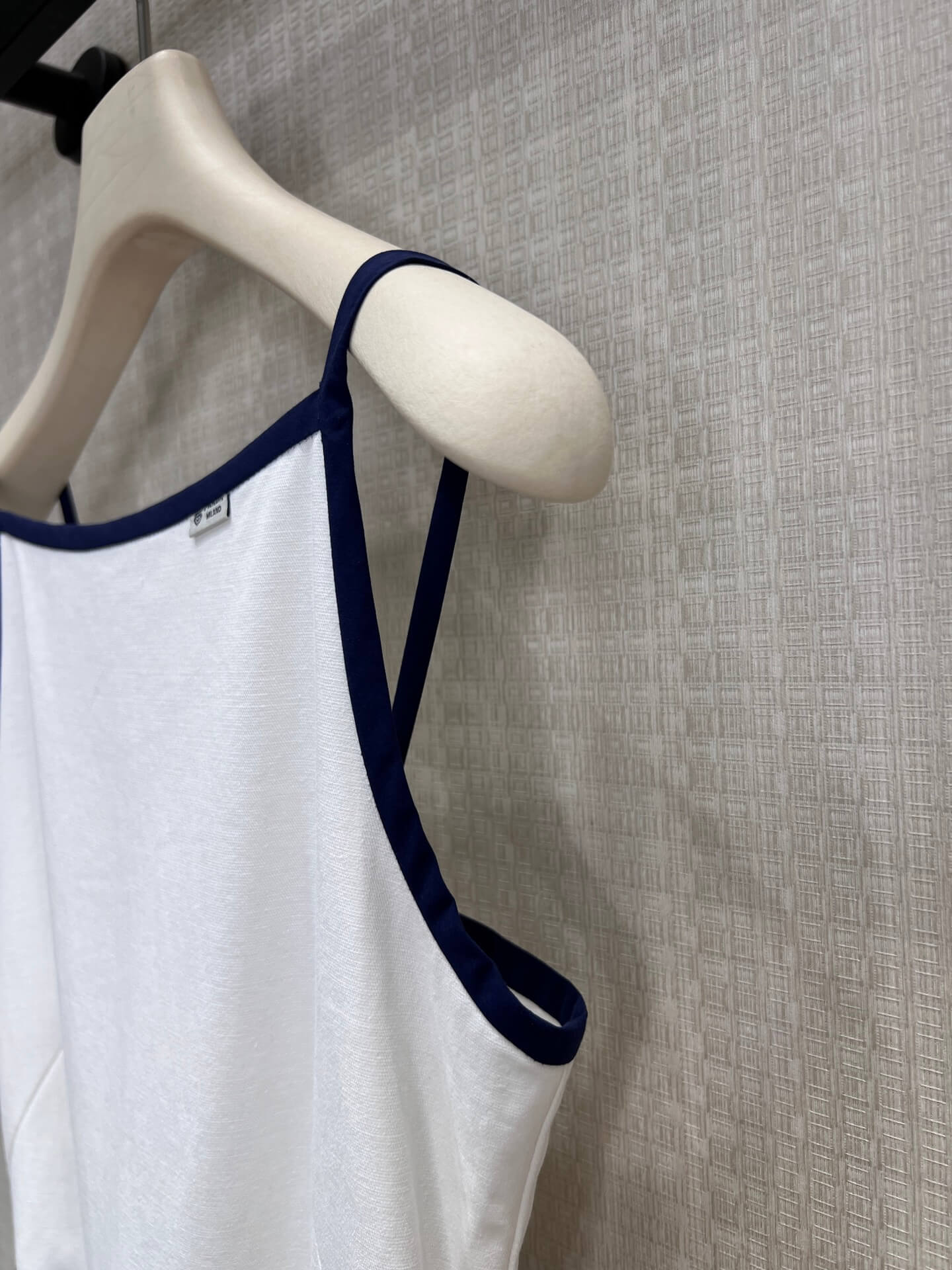Prada Women's White Cotton A-Line Midi Dress with Navy Blue Trim, Spaghetti Straps, Tie Waist, and Pockets - Image 7