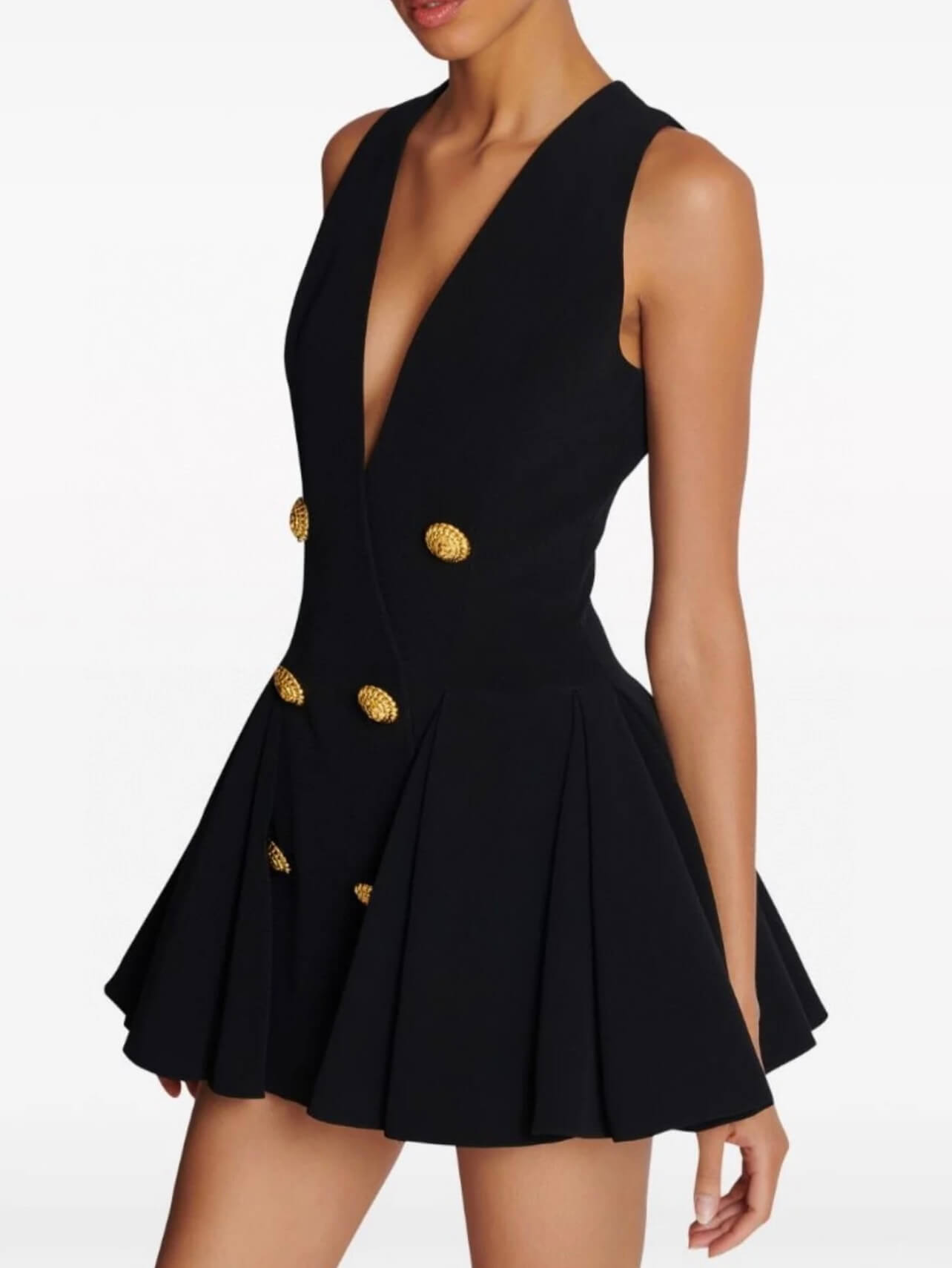 Balmain Sleeveless Double-Breasted V-Neck Mini Blazer Dress with Gold Buttons - Image 6