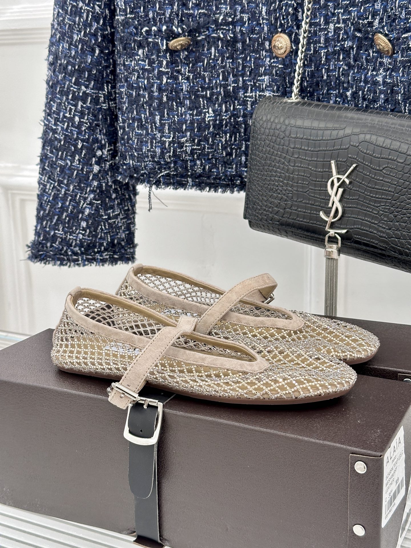 Alaïa Beige Crystal Fishnet Mary Jane Ballet Flats