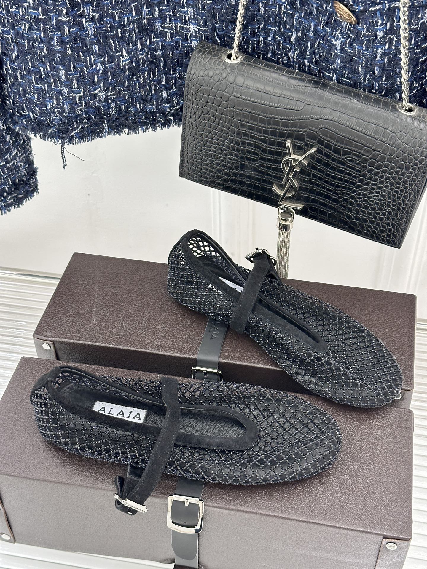 Alaïa Black Strass Fishnet Buckled Mary Jane Ballet Flats