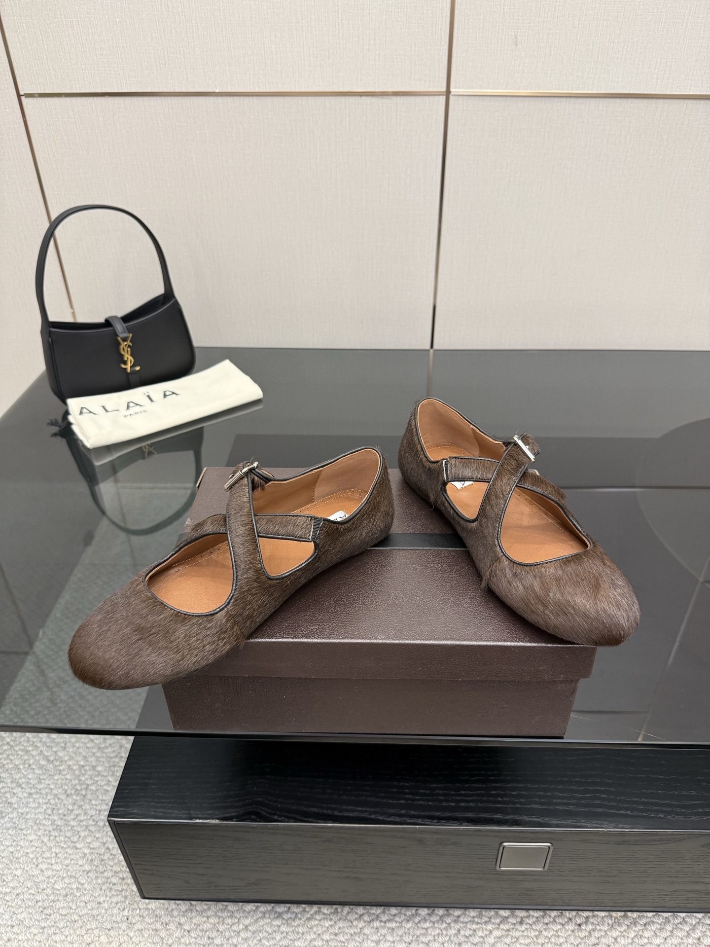 Alaïa Dark Brown Haircalf Criss Cross Buckled Ballet Flats