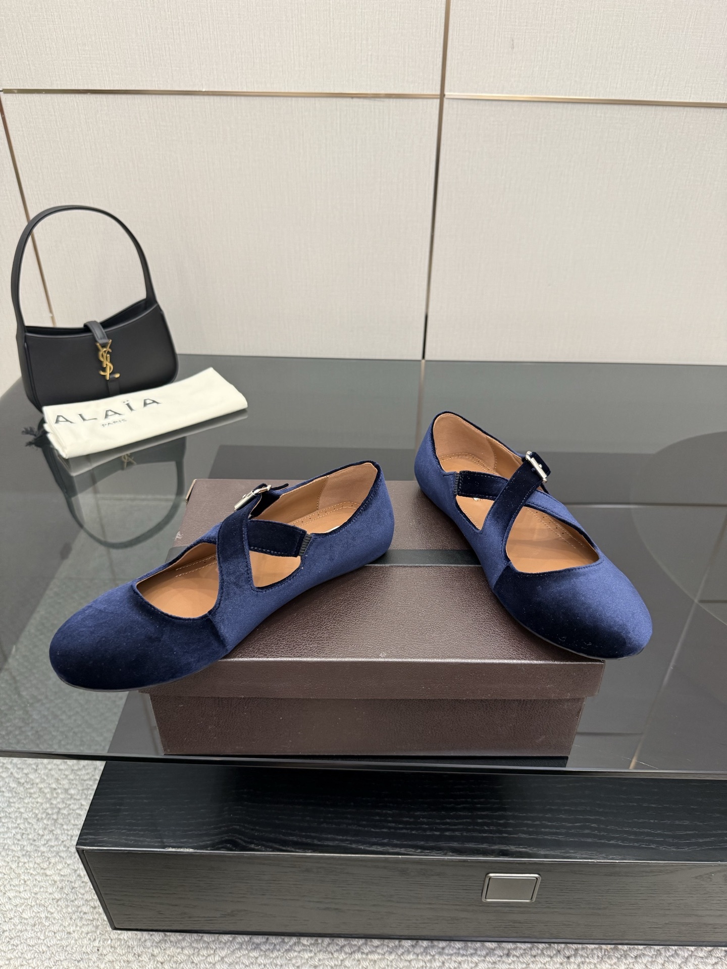 Alaïa Velvet Criss Cross Buckled Ballet Flats