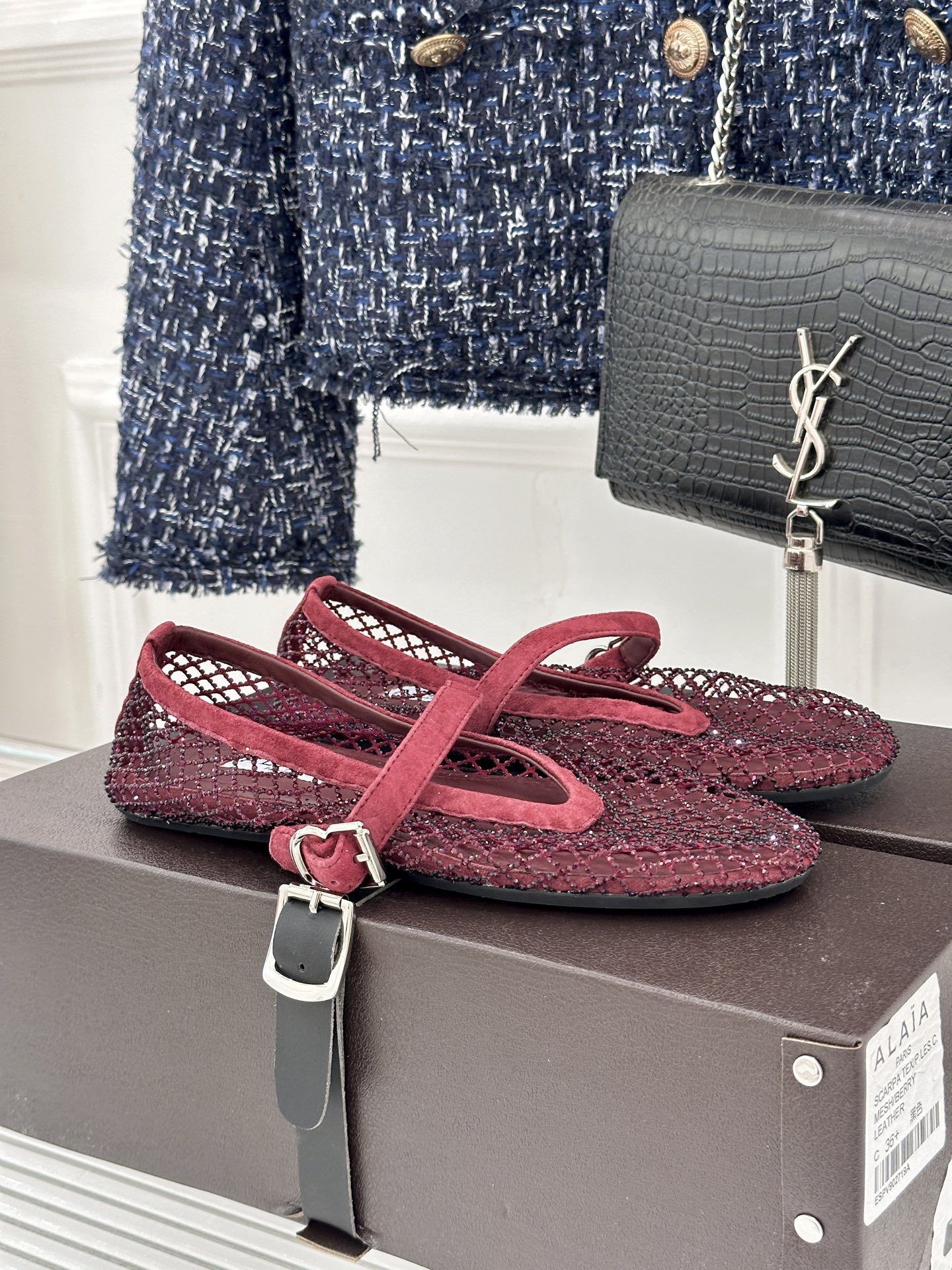 Alaïa Garnet Red Strass Fishnet Buckled Mary Jane Ballet Flats