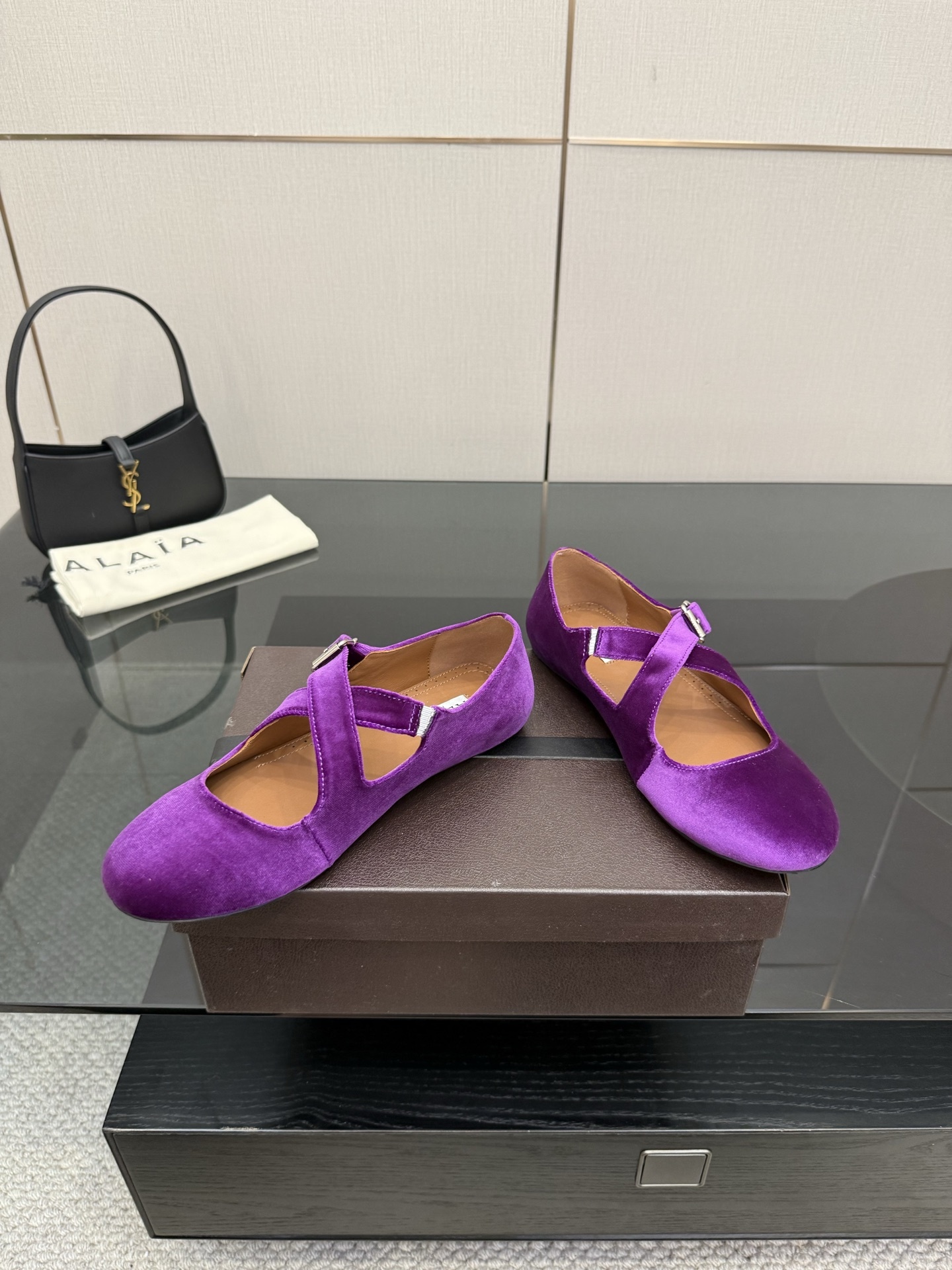 Alaïa Purple Velvet Criss Cross Buckled Ballet Flats