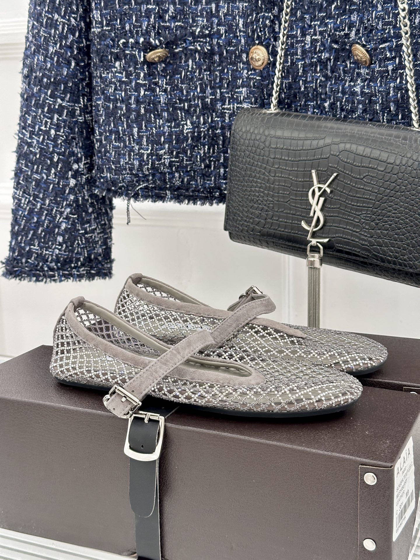 Alaïa White Silver Strass Fishnet Mary Jane Ballet Flats