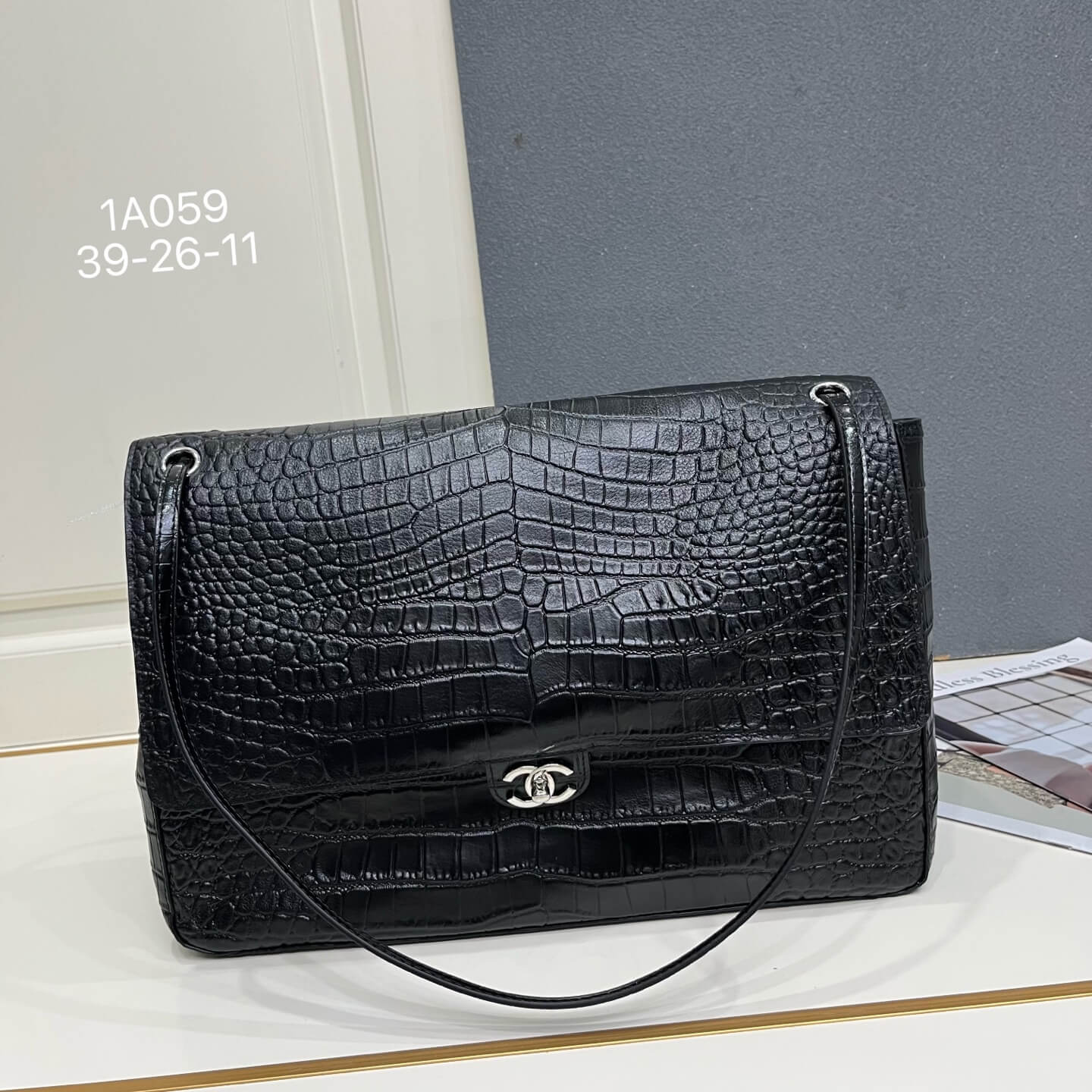 Chanel Black Crocodile-Embossed Leather Large Flap Bag with Silver Hardware