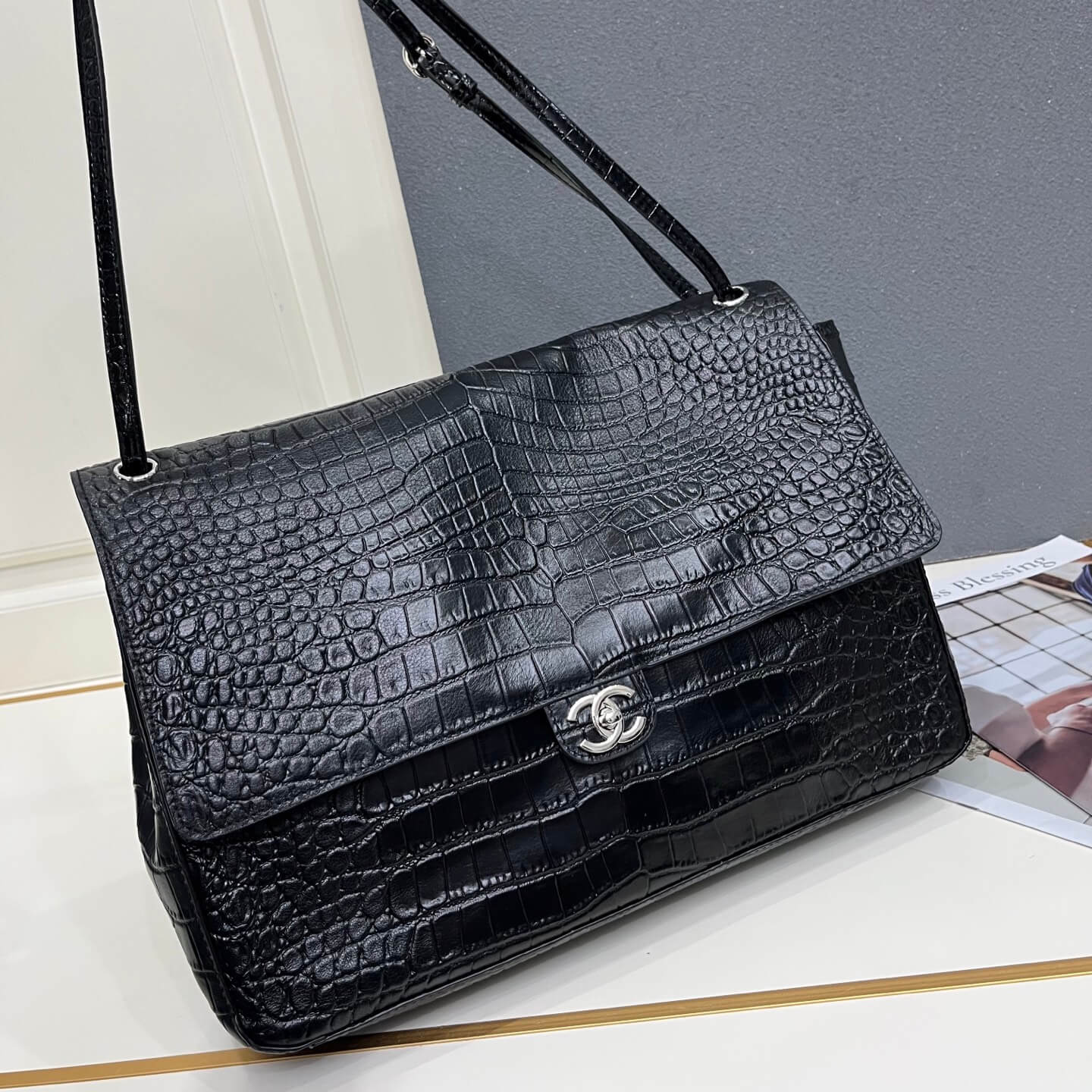 Chanel Black Crocodile-Embossed Leather Large Flap Bag with Silver Hardware - Image 4