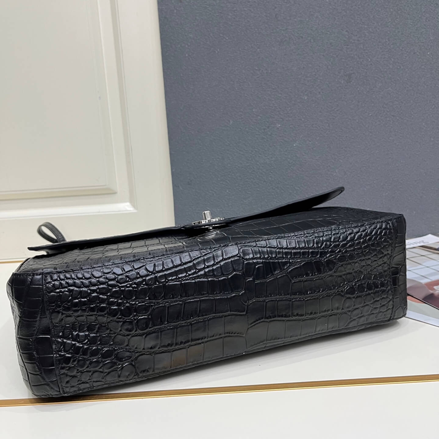 Chanel Black Crocodile-Embossed Leather Large Flap Bag with Silver Hardware - Image 7