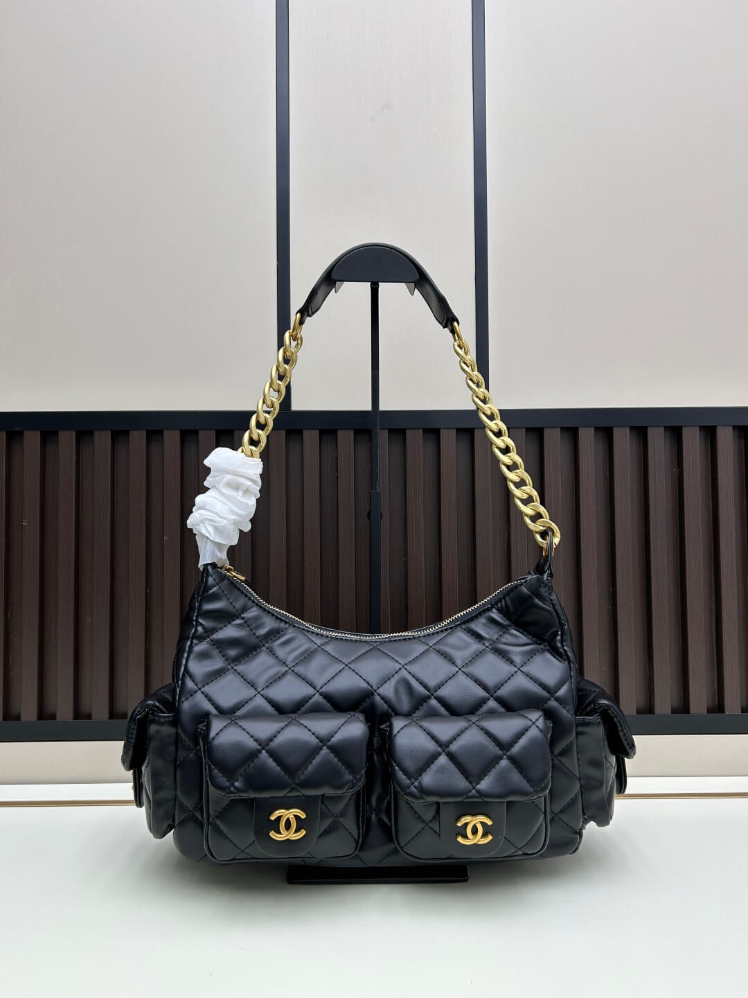 Chanel Black Quilted Leather Multi-Pocket Cargo Hobo Bag with Gold Hardware