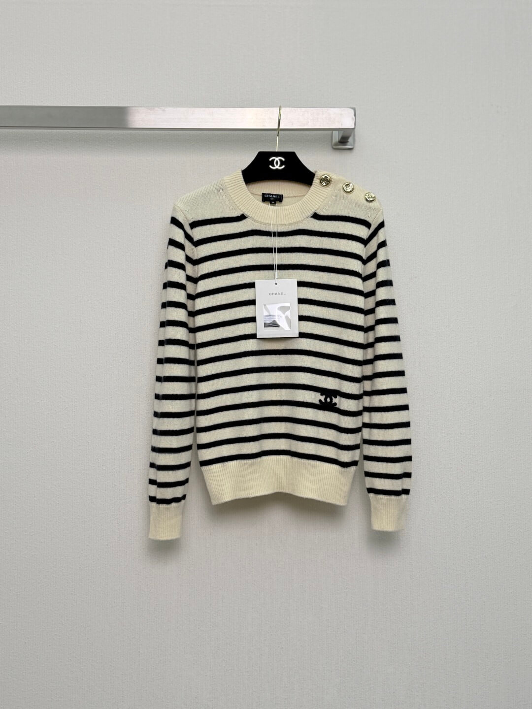 Chanel Ecru & Dark Navy Blue Wool and Cashmere Striped Sweater with Gold Button Details - Image 2