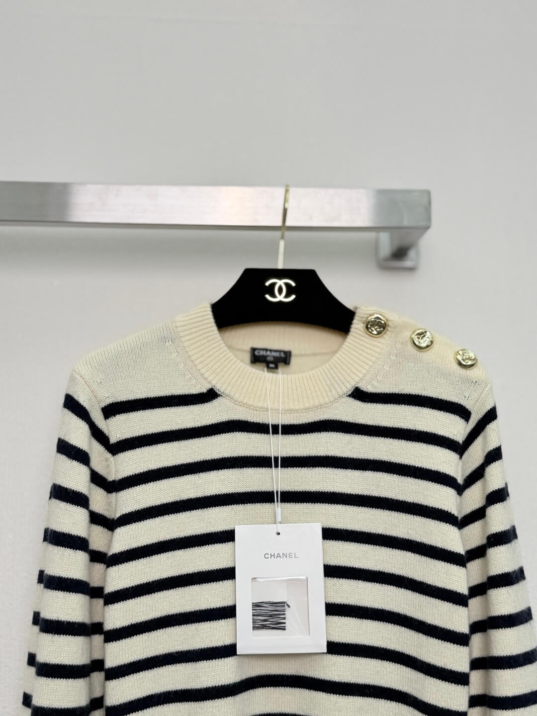 Chanel Ecru & Dark Navy Blue Wool and Cashmere Striped Sweater with Gold Button Details - Image 3