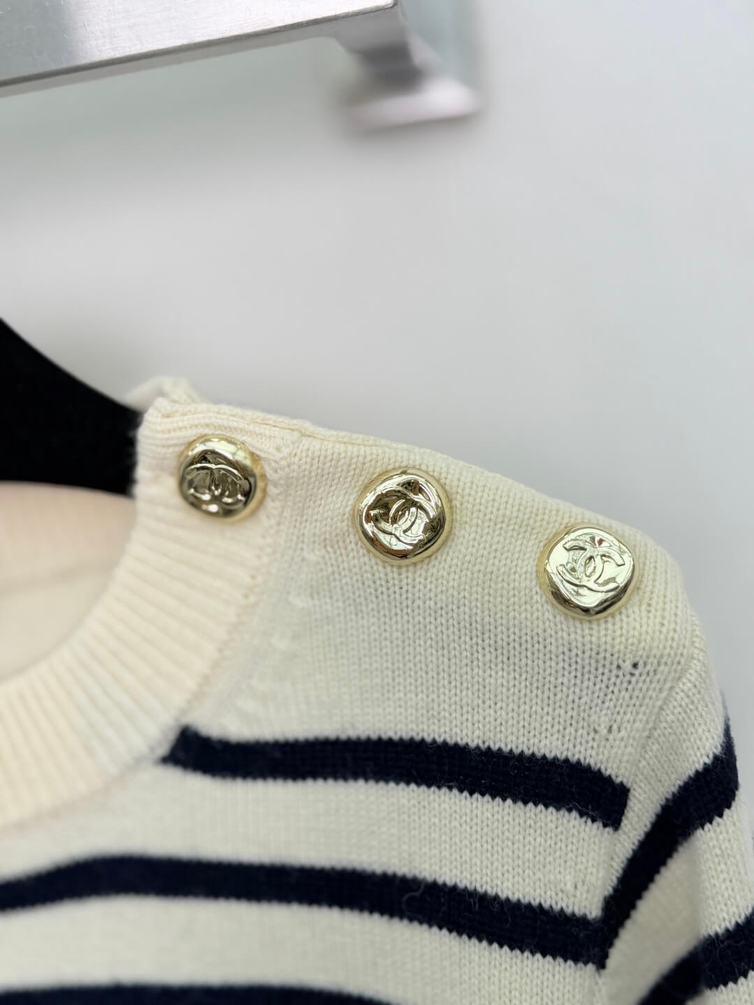 Chanel Ecru & Dark Navy Blue Wool and Cashmere Striped Sweater with Gold Button Details - Image 5