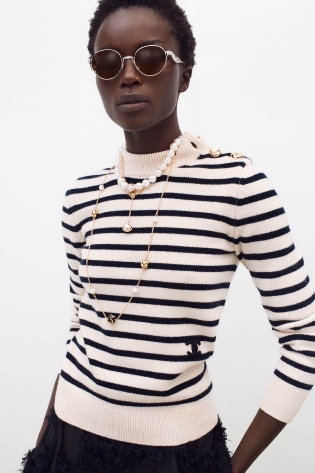 Chanel Ecru & Dark Navy Blue Wool and Cashmere Striped Sweater with Gold Button Details